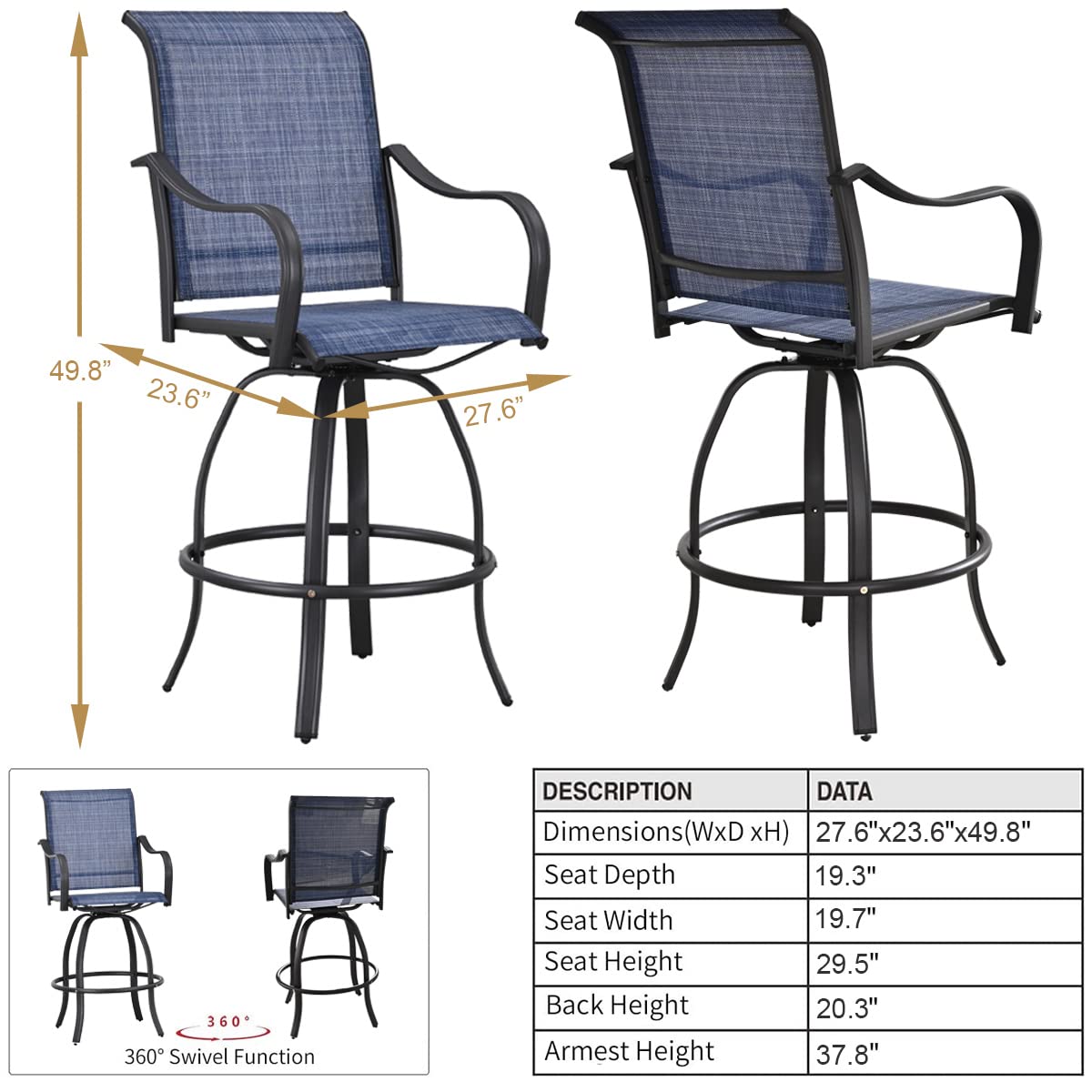 4-Pack Patio Swivel Bar Stools - Outdoor High Bistro Height Chairs, All-Weather Garden Dining Furniture (Blue) - Perfect for Backyard, Deck, Poolside & Outdoor Entertaining