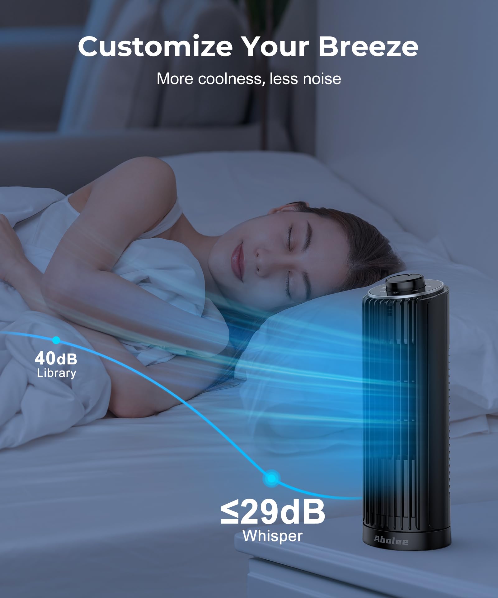 Abolee 13 Inch Bladeless Tower Fan - 23ft/s High Velocity Desk Fan with 70° Oscillation, 3 Speed Modes for Bedroom, Home & Office (Black) | Perfect for Cooling, Air Circulation & White Noise in Small Spaces