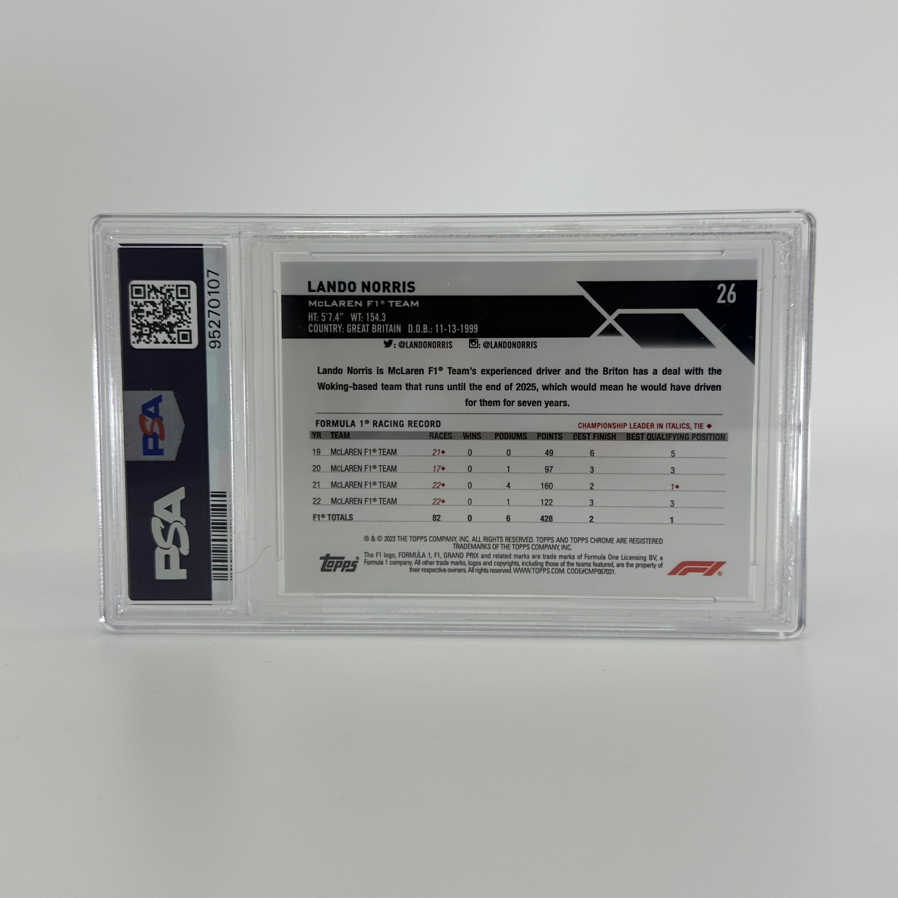 2023 Topps Chrome Fuchsia Lava Lando Norris #26 PSA 10 218/250 - Rare Racing Collectible Card for F1 Fans & Sports Memorabilia Enthusiasts