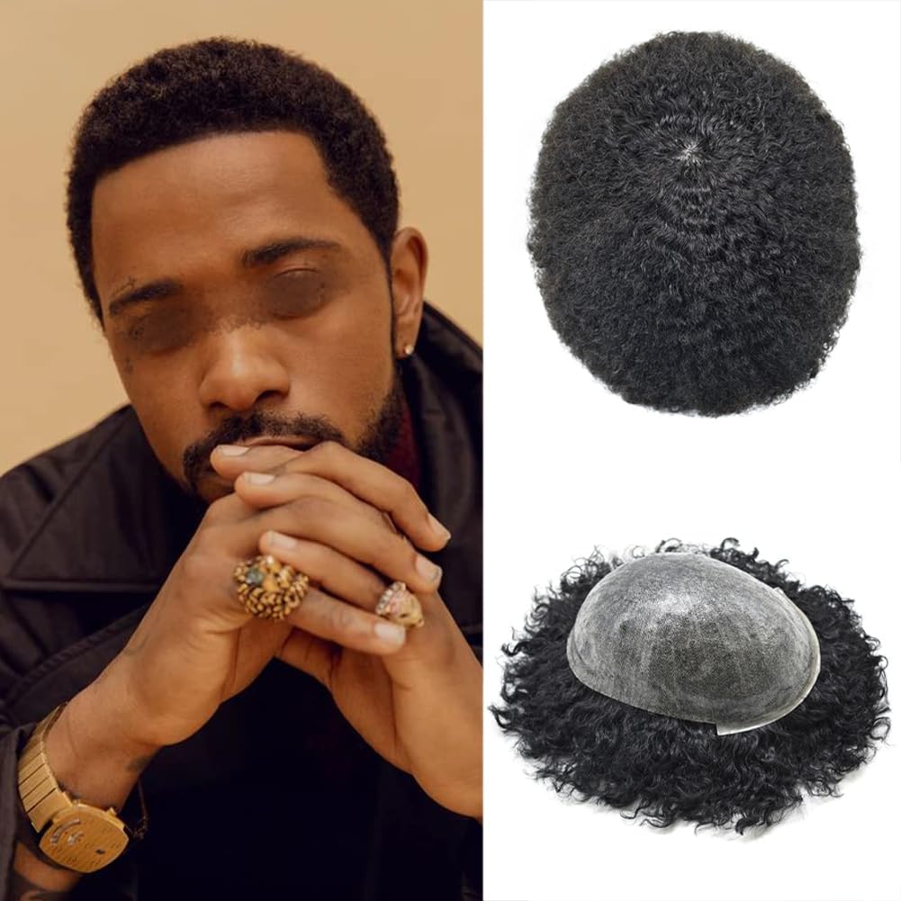 100% Human Hair Afro Toupee for Black Men - African American Curly Hair System with Injected PU Base (6mm Afro Wave, Jet Black) | Perfect for Daily Wear, Cosplay & Special Events