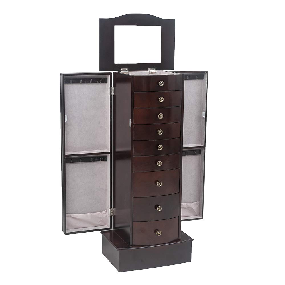 8-Drawer Jewelry Storage Armoire with 2 Swing Doors & 16 Necklace Hooks - Large Jewelry Organizer Cabinet with Makeup Mirror for Bedroom, Closet & Vanity (White)