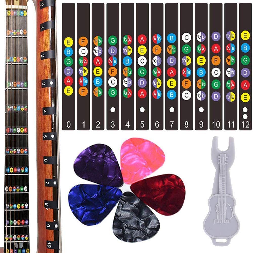 Color-Coded Guitar Fretboard Stickers for Beginners - Note Decals with Fingerboard Frets Map for 6-String Acoustic & Electric Guitars - Includes 5 Guitar Picks & Bridge Pin Puller - Perfect for Learning, Practice & Music Lessons
