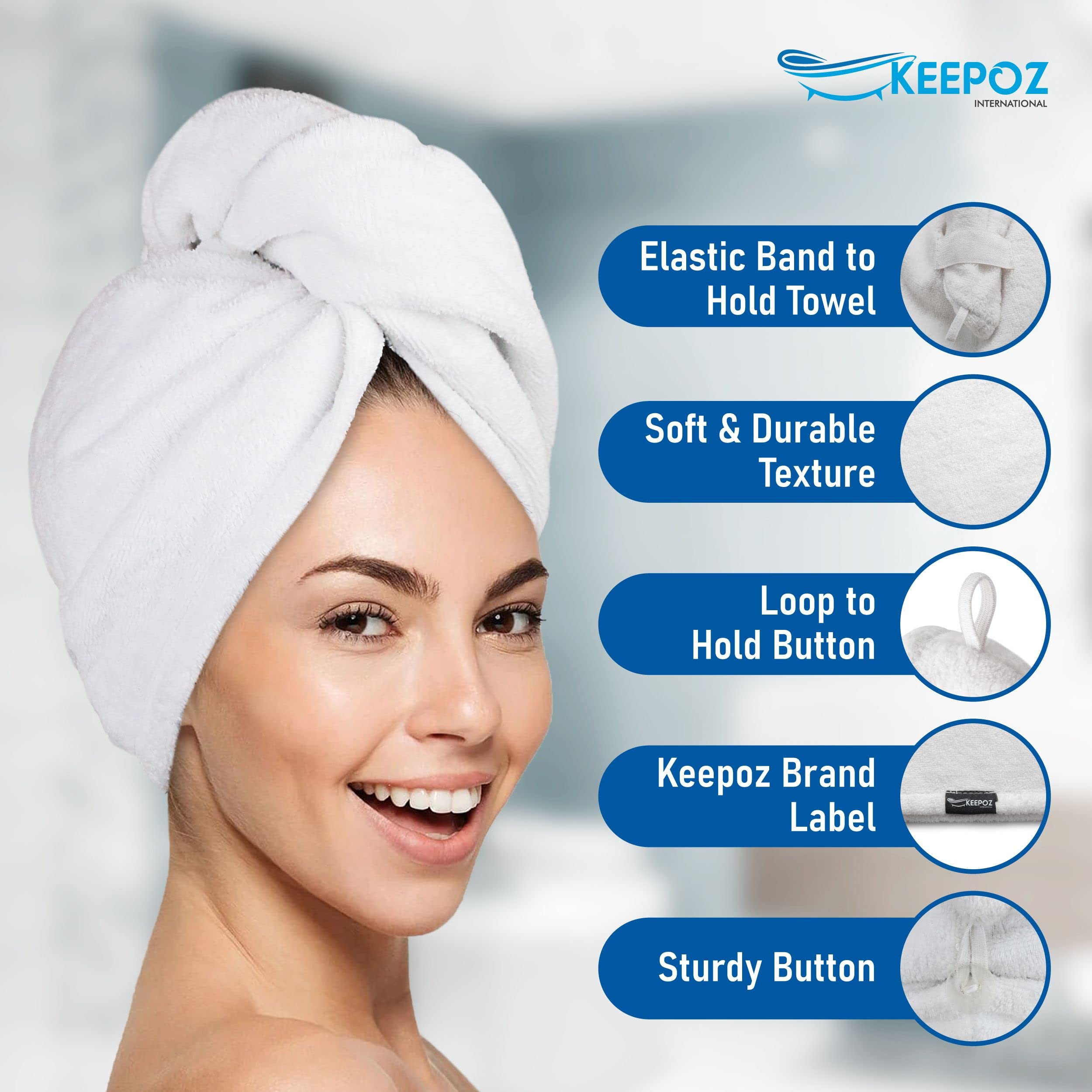 KEEPOZ 100% Cotton Hair Towel Wrap for Women - Quick Dry, Super Absorbent Hair Turban with Button - Anti Frizz Hair Cap for Curly, Long & Thick Hair - Soft & Gentle (White, 1 Piece) - Perfect for Shower, Spa & Post-Workout Hair Care