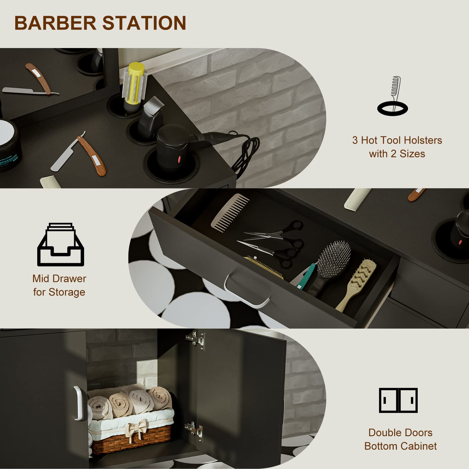 Wall Mount Salon Station with Mirror - Professional Styling & Barber Station for Spa & Salon - Includes Appliance Holders, Drawer & Storage Cabinet (Black) - Perfect for Hair Styling, Makeup Application & Salon Organization