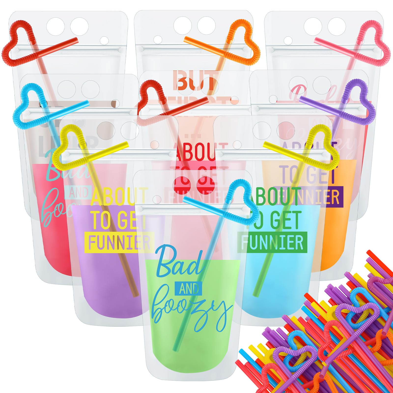 Patelai 36 Pack Reusable Plastic Drink Pouches with Straws & Zipper - Leak Proof Juice Bags for Parties, Picnics, Camping & Outdoor Events (Mixed Colors)