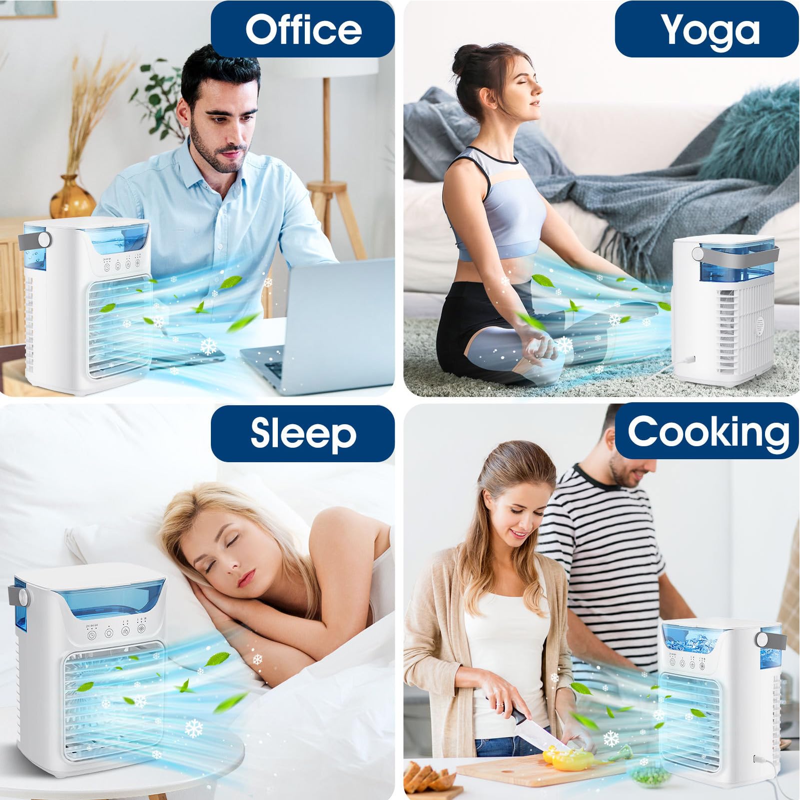 4-in-1 Portable Air Conditioner Fan with 700ML Evaporative Cooling, Touchscreen Control, 3 Speeds & Humidifier - 7 Color LED Lights, 2-6 Hour Timer - Perfect for Bedroom, Office, and Small Spaces Cooling