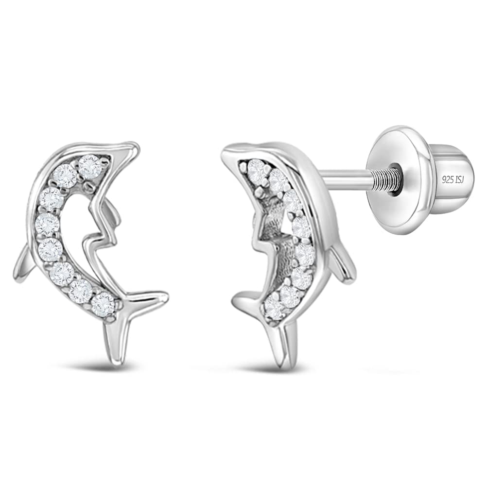 925 Sterling Silver Nautical Dolphin Earrings with Clear Cubic Zirconia - Screw Back Stud Earrings for Girls 6-16 Years | Perfect for Birthday Gifts, Beach Vacations & Marine-Themed Parties
