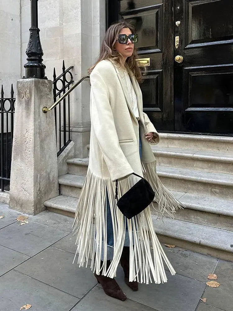 2023 Women's Autumn Wool Blend Tassel Coat with Lapel, Full Sleeves & Pockets - Fashionable Streetwear Overcoat for Fall Outfits & Casual Wear