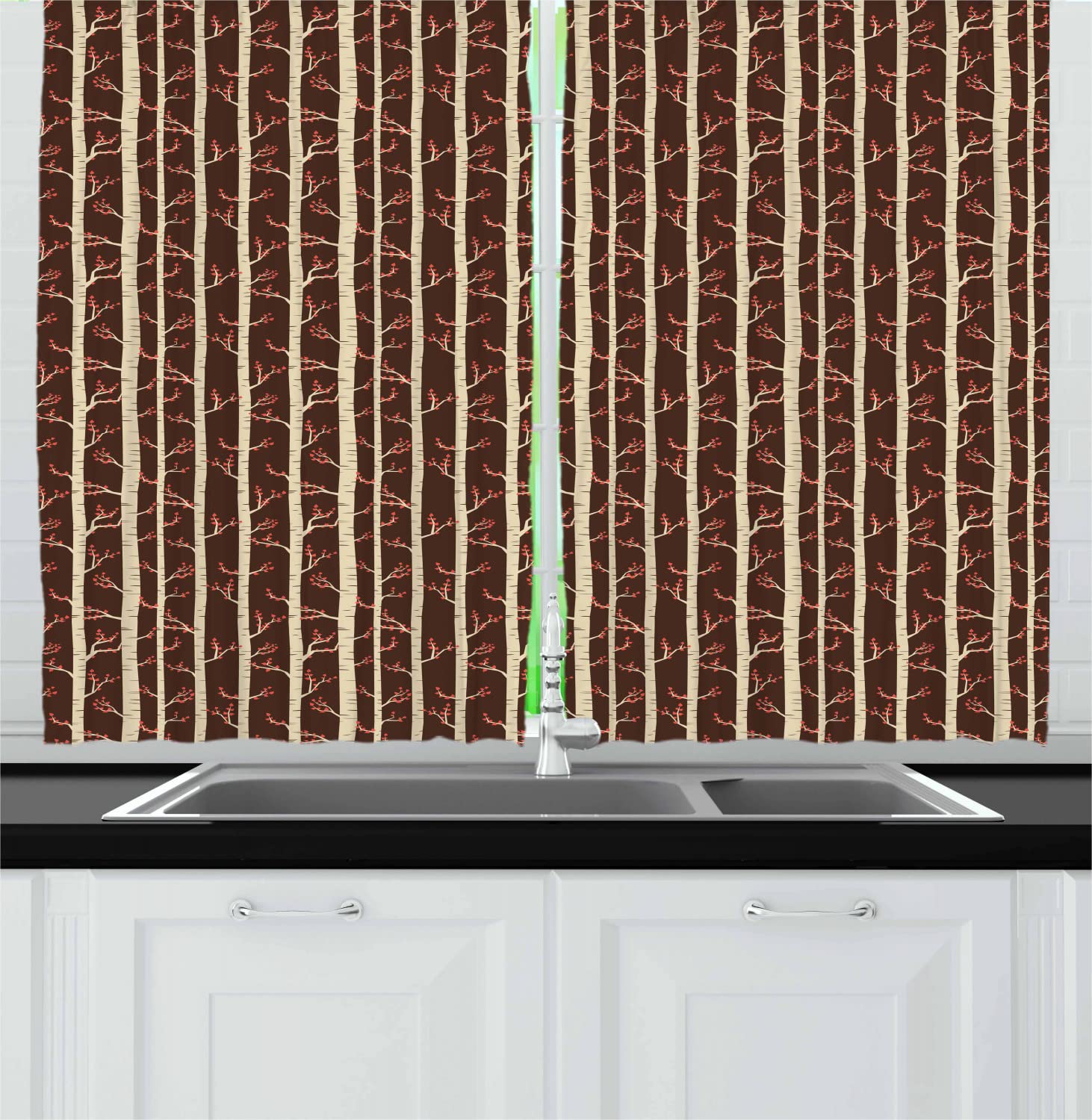 Ambesonne Autumn Forest Kitchen Curtains - Abstract Birch Tree Leafy Branches Modern Design, Brown Beige Vermilion, 55