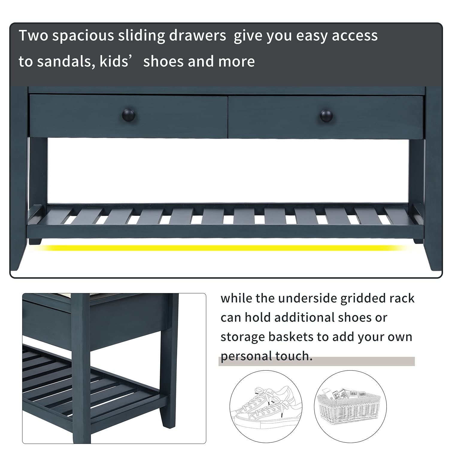 Storage Bench with Cushioned Seat & Drawers - Shoe Rack for Entryway, Bedroom (Antique Navy)