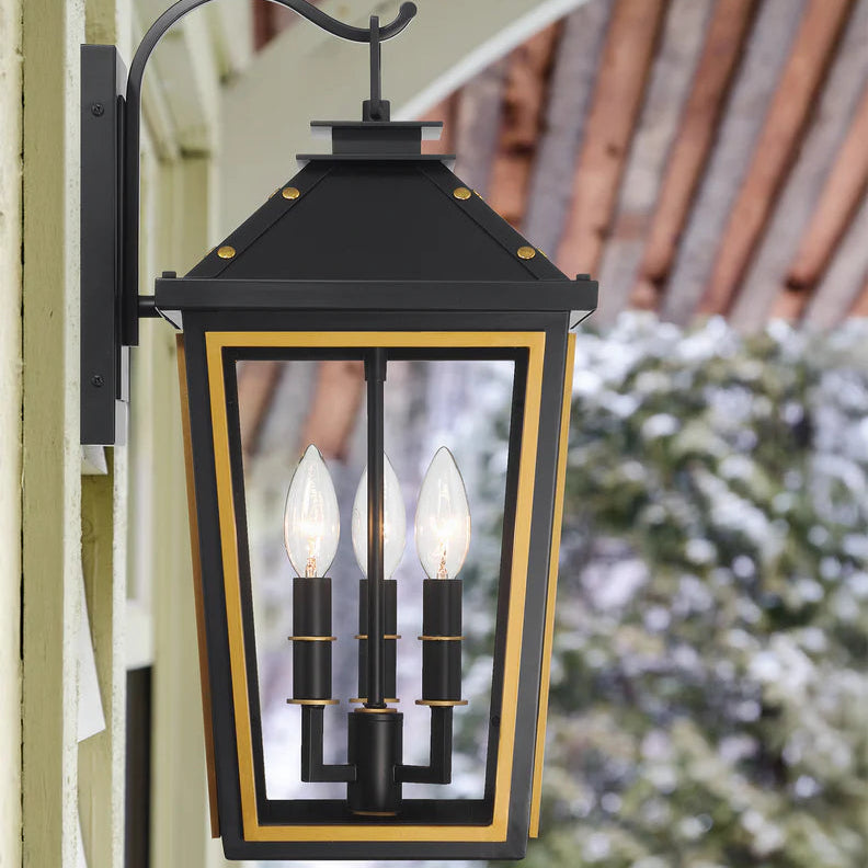 Stainless Steel & Glass Outdoor Wall Sconce - 3 Light Matte Black with Gold Finish, 9.5x19.5 Inches, 120V E12 Candelabra Base LED Compatible - Perfect for Patio, Garden, Porch, and Exterior Wall Lighting