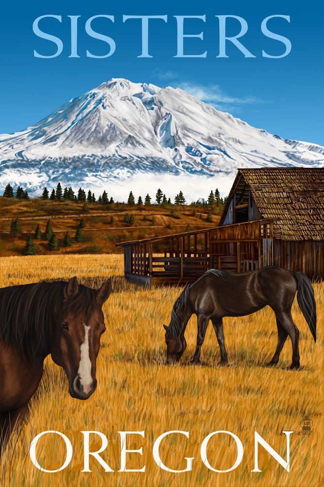 Horses and Mountain - Sisters, Oregon Wall Art Print | 9x12 Travel Poster Decor for Home, Office & Cabin | Vintage Landscape Wall Decor for Living Room, Bedroom & Gift