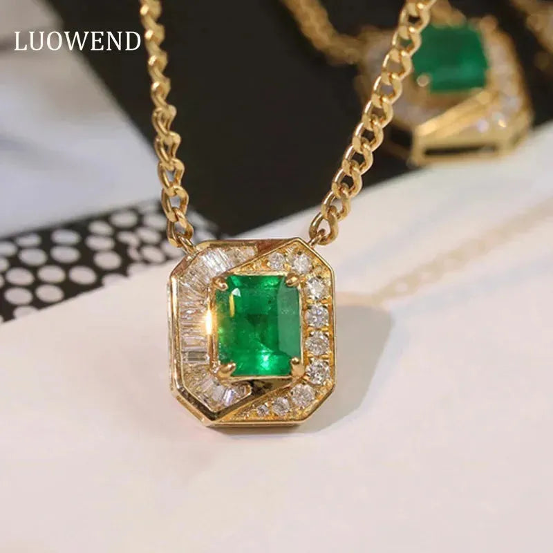 18K Yellow Gold Pendant Necklace with Real Diamond & Genuine Emerald - Elegant Women's Jewelry Gift for Anniversary, Birthday & Special Occasions