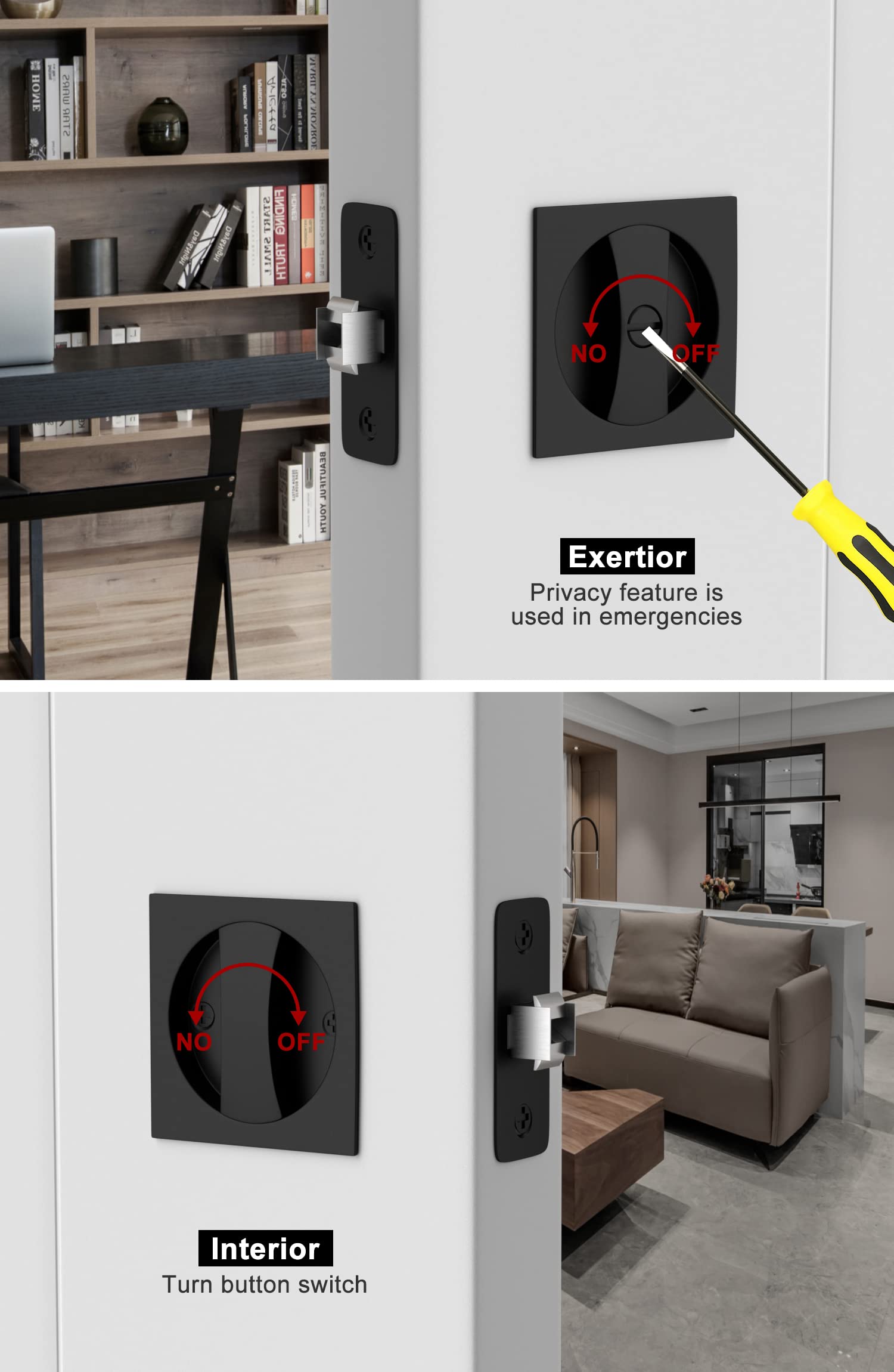 GoldenWarm 2 Pack Matte Black Pocket Door Lock for Bedroom & Bathroom - Contemporary Square Privacy Hardware with Flush Latch (2-3/8