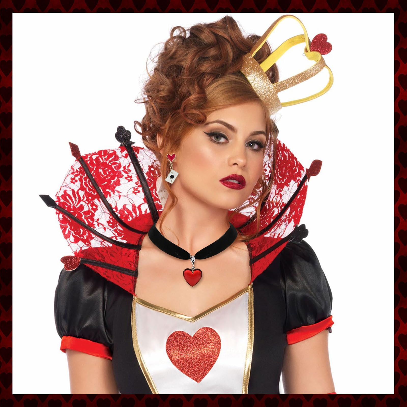 Red Heart Necklace & Earrings Set - Gothic Queen Costume Jewelry for Women | Vampire Blood Choker Necklace with Heart Charm & Dangling Earrings | Perfect for Halloween, Cosplay, Gothic Fashion & Vampire Themed Parties