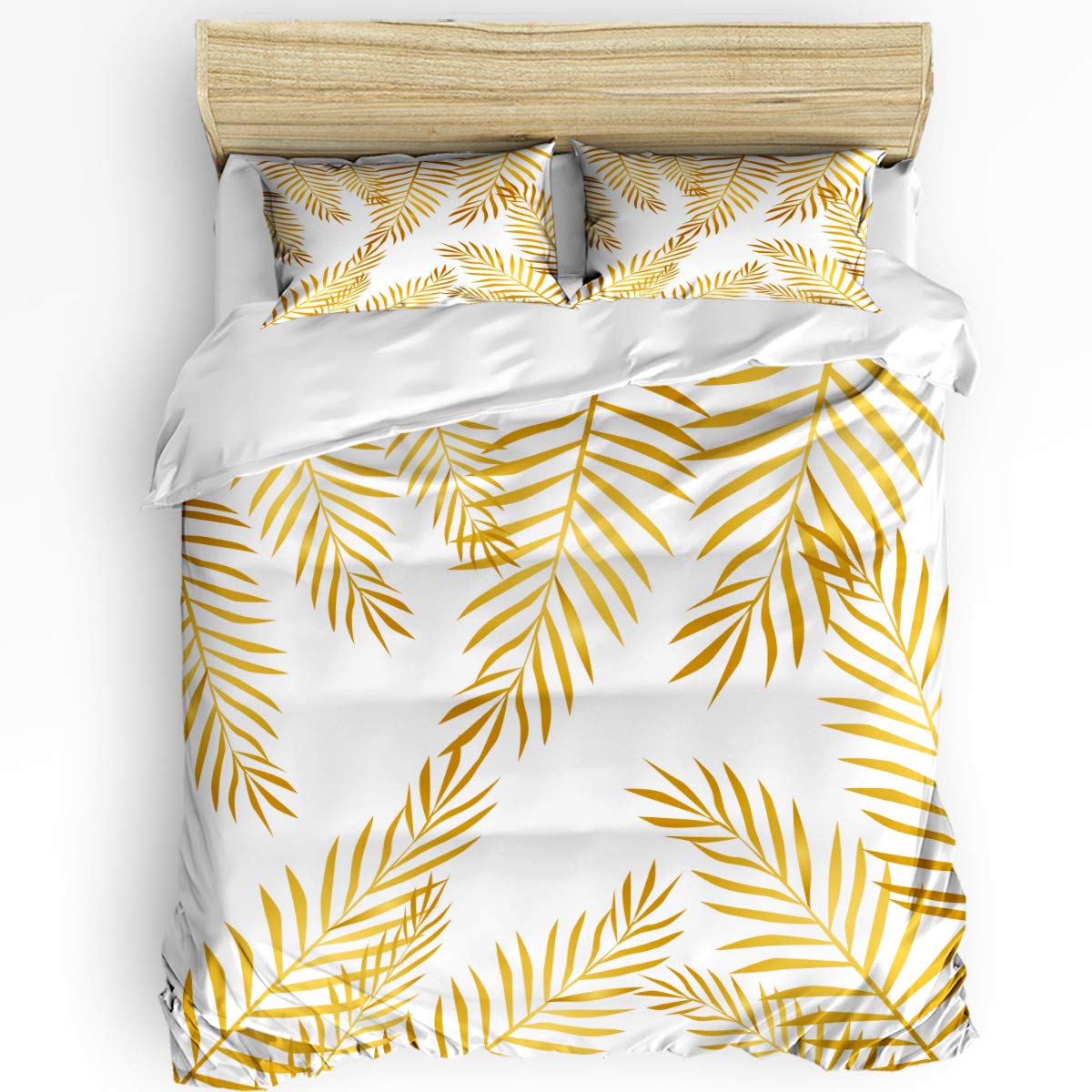 Luxury Gold Palm Leaves Duvet Cover Set - 3 Piece Full Size Bedding with Zipper Closure (1 Duvet Cover + 2 Pillow Shams) for Adults & Kids - Tropical Boho Bedroom Decor for Master Bedroom, Guest Room or Nursery