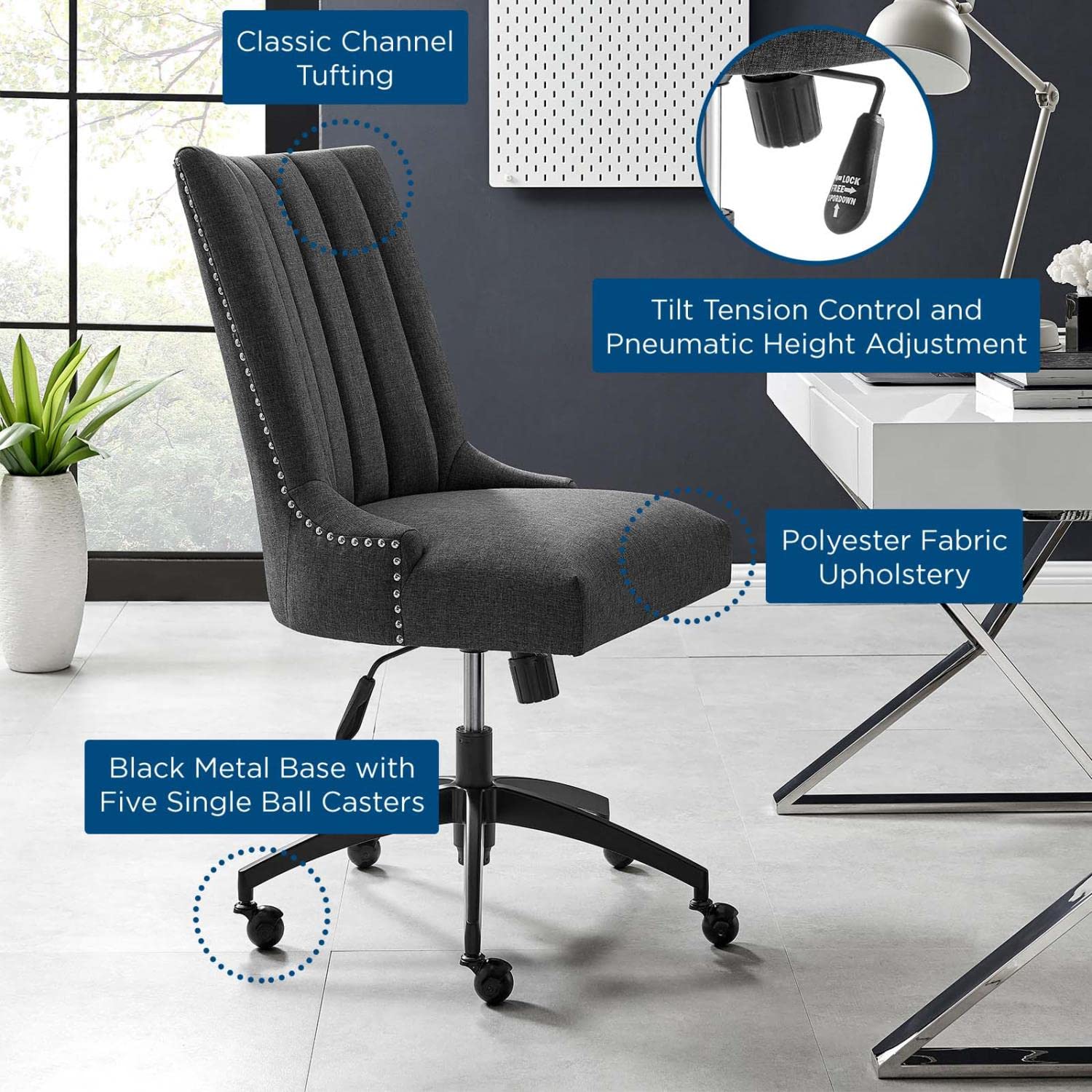 Modway Empower Ergonomic Office Chair with Channel Tufted Fabric - Black & Gray - Comfortable Desk Chair for Home Office, Gaming & Workspace