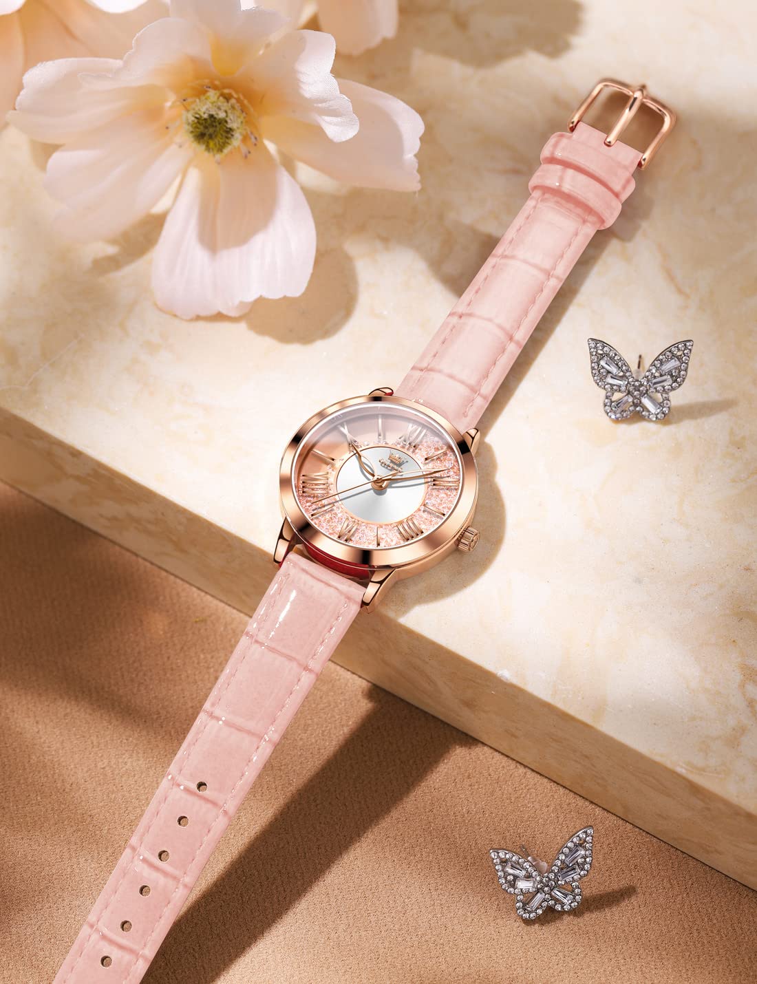 OLEVS Women's Elegant Diamond Dress Watch - Analog Quartz Leather Waterproof Wristwatch with Large Face - Perfect for Office, Party & Formal Occasions