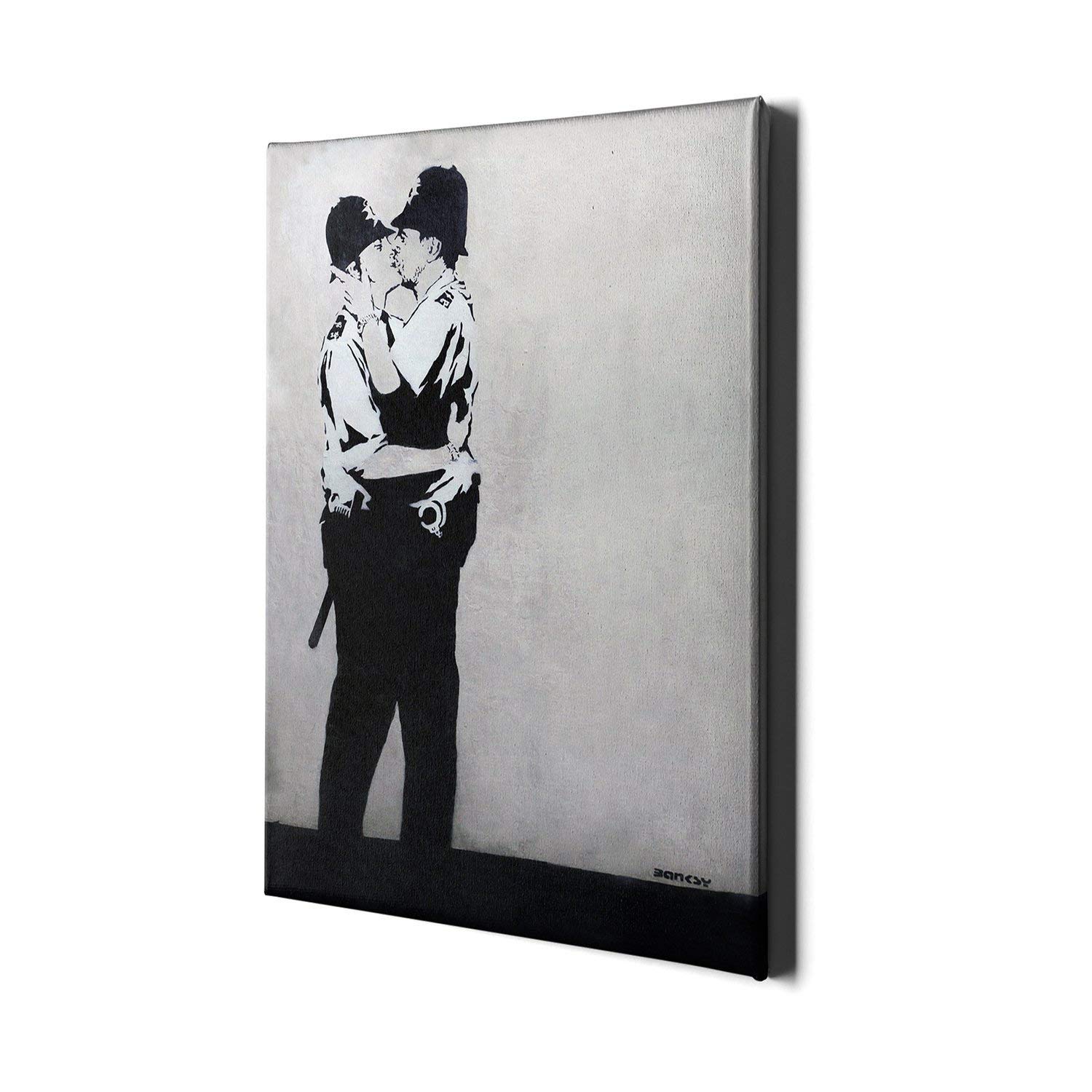 Banksy Canvas Art Print - Cops Kissing Street Graffiti Wall Decor - Urban Police Deputy Gay Artwork for Living Room, Bedroom & Office