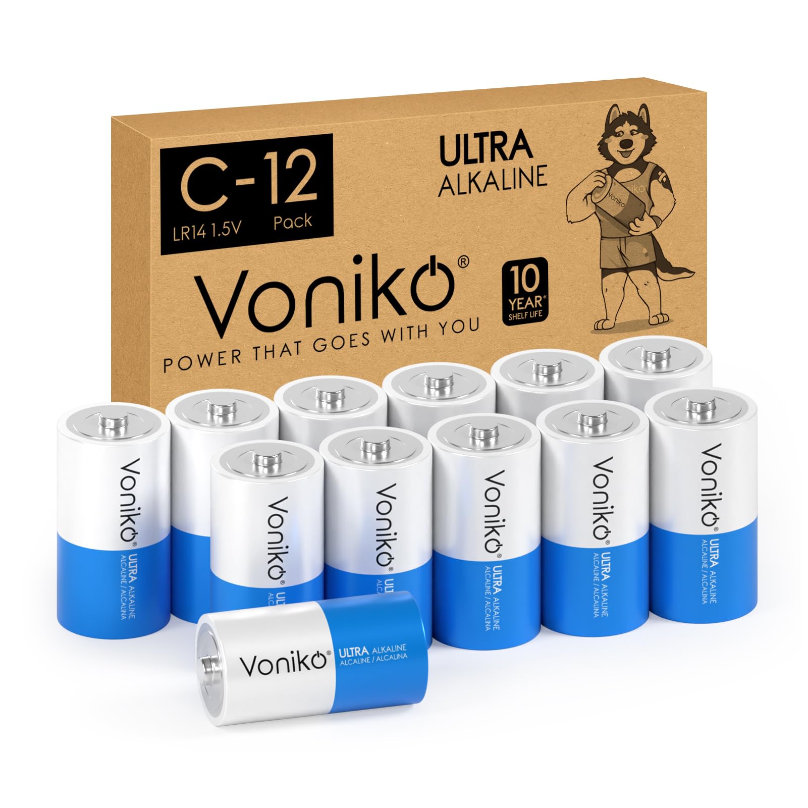Voniko Ultra Alkaline C Batteries 12 Pack - 10-Year Shelf Life, 6-9X Power vs Carbon Batteries | LR14 C Size 1.5V Batteries for Flashlights, Toys, Clocks & Emergency Supplies