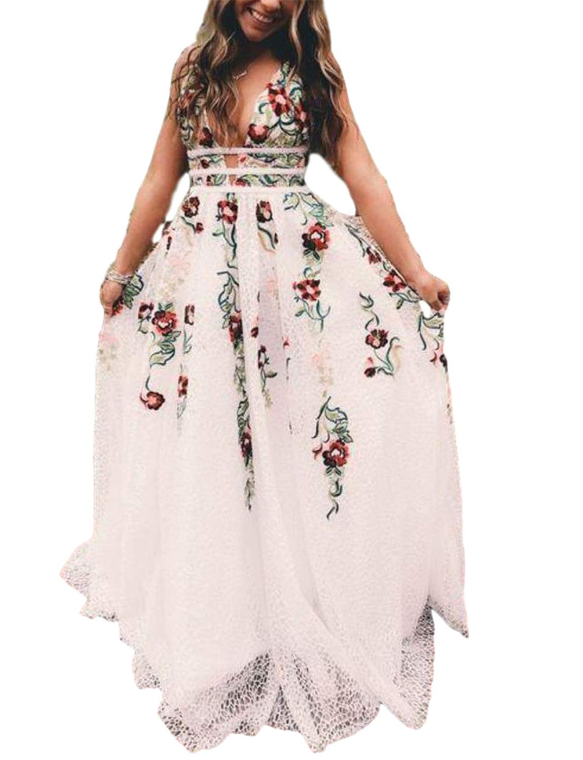 OLOEY BeautBoy Women's Elegant V-Neck Prom Dress with Colorful Embroidery - Long Formal Evening Gown for Homecoming, Parties & Special Occasions