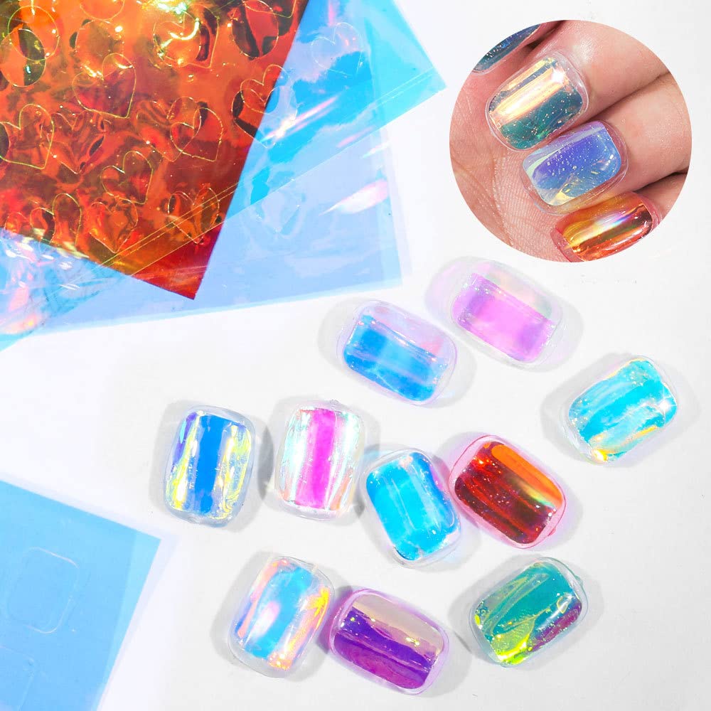 12pcs Aurora Nail Stickers - 3D Holographic Nail Art Decals for Women, DIY Manicure Foils with Ice Laser Heart Design, Trendy Nail Decorations for Parties, Weddings & Special Occasions
