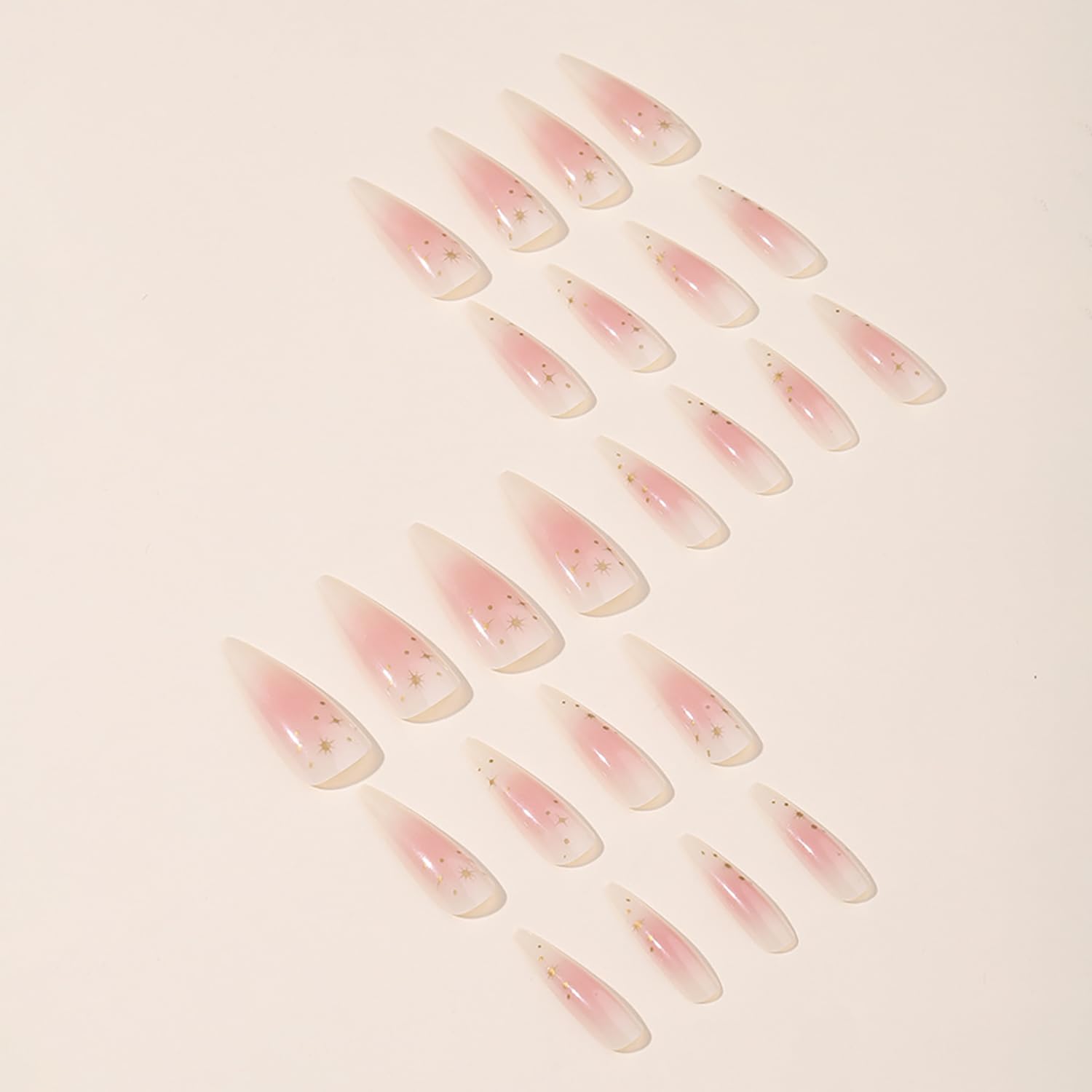 Medium Long Almond Acrylic Fake Nails - Star Design Gradient Stiletto Nude Press On Nails for Women, Full Cover Glue On Artificial Nails for Party, Wedding, Prom & Special Occasions