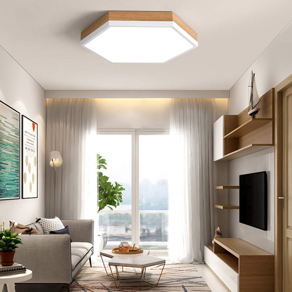 LAIDEPA Ultra-Thin Hexagon LED Ceiling Light - Modern Wood Grain & Iron Art Design - 40x40cm Warm White Light - Perfect for Living Room, Bedroom & Dining Room Lighting - Energy Efficient Home Decor