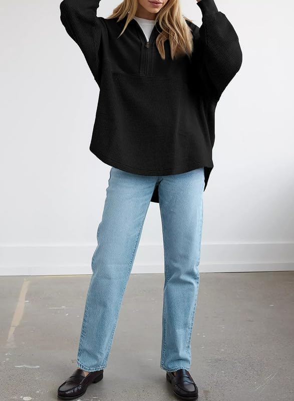 SHEWIN Women's Casual Waffle Knit Half Zip Pullover Sweatshirt - Loose Fit Long Sleeve Top for Fall & Winter Outfits 2024 | Cozy Lounge Wear, Office Casual, Weekend Errands