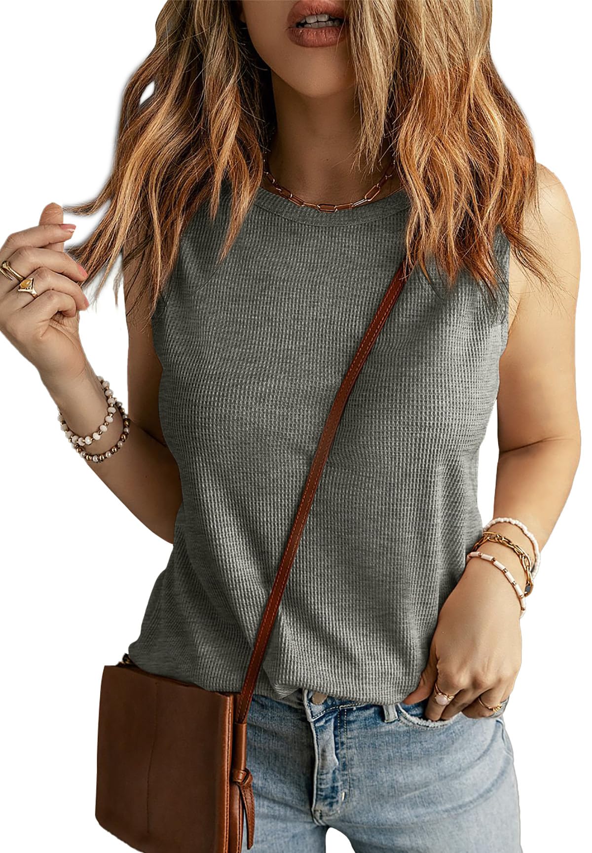 WIHOLL Women's Soft Waffle Knit Crewneck Tank Top - Loose Fit Curved Hem Cotton Beachwear for Summer Vacation, Casual Outings & Trendy Street Style