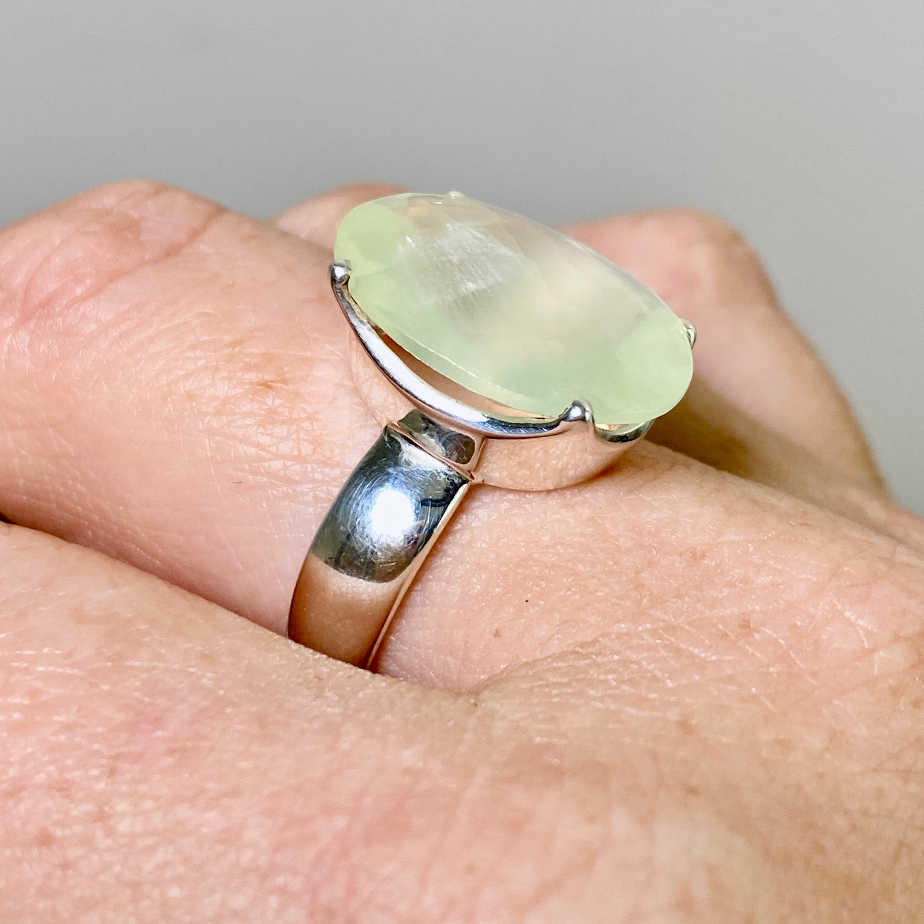 Prehnite Oval Checkerboard Faceted Ring Size 9 - Dainty Gemstone Jewelry for Women - Perfect for Engagement, Wedding & Everyday Wear