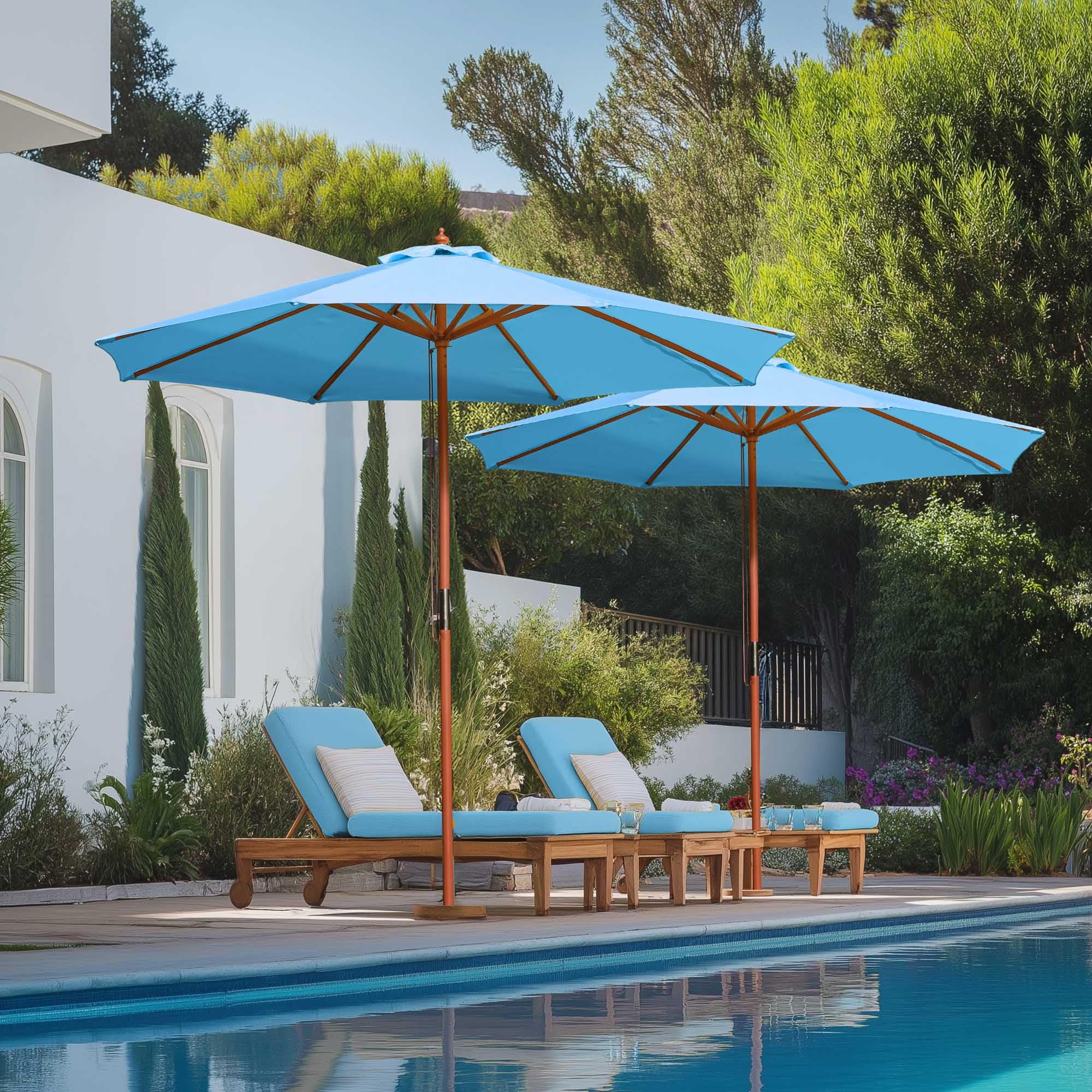 Yescom 9ft Wooden Outdoor Patio Umbrella with Pulley - Blue Market Garden Beach Umbrella for Yard, Deck & Cafe - Perfect for Sunshade, Poolside Lounging and Outdoor Dining