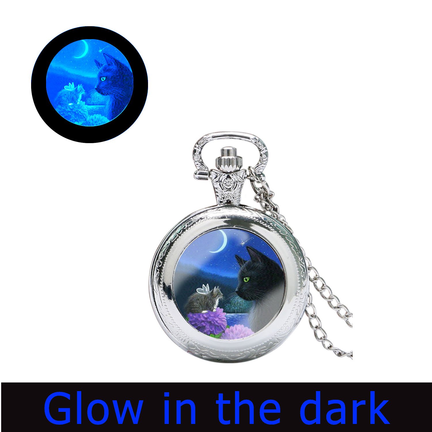 Glowlala Cat Glowing Watch Necklace - Full Moon Glowing Pocket Watch Pendant (Silver) | Unique Gothic Jewelry Gift for Women, Perfect for Halloween, Cosplay & Nighttime Events