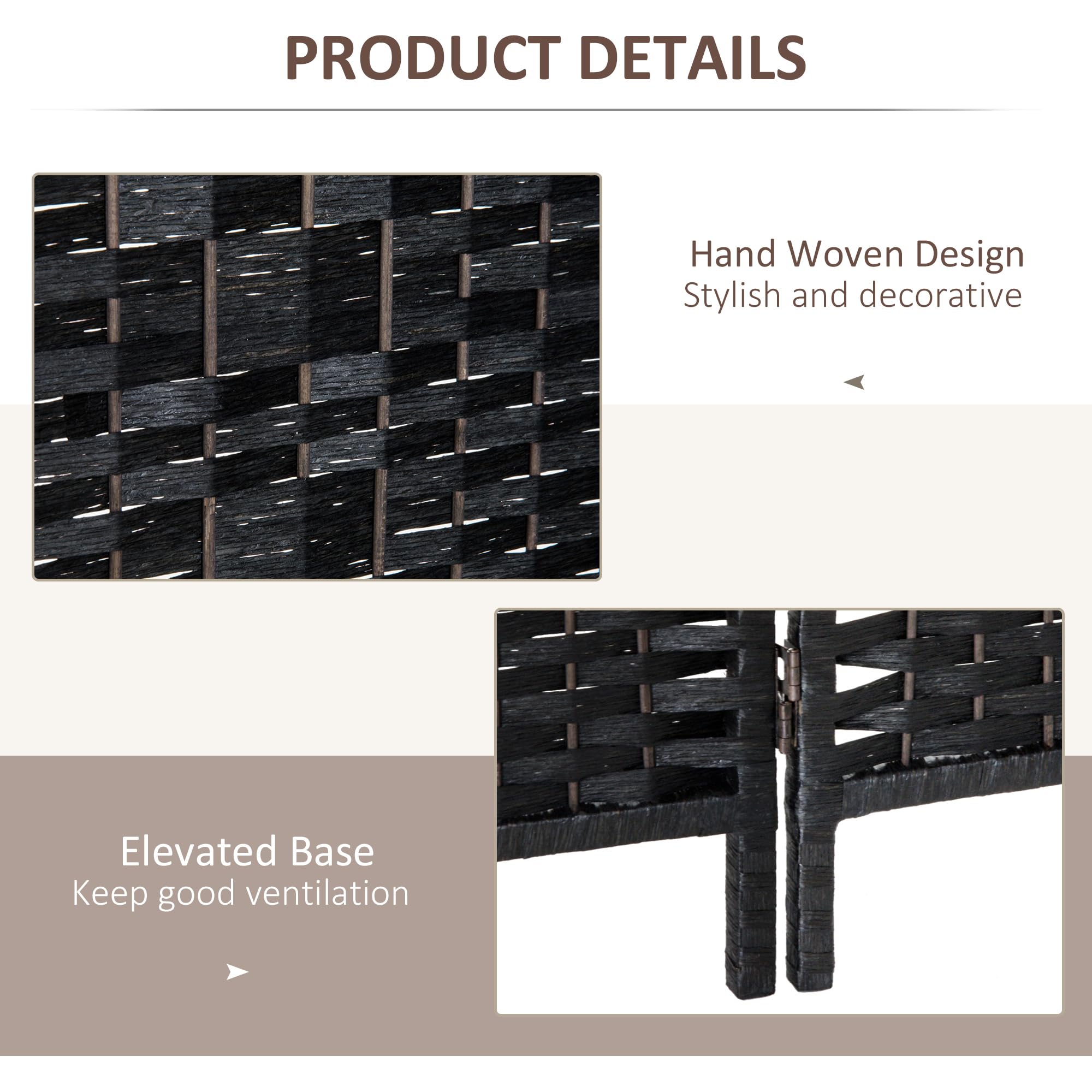 HOMCOM 6 Panel Folding Room Divider Privacy Screen - 6FT Tall Portable Wicker Weave Partition Wall for Bedroom, Home Office, Living Room - Black | Space Separator for Privacy, Room Organization & Home Decor