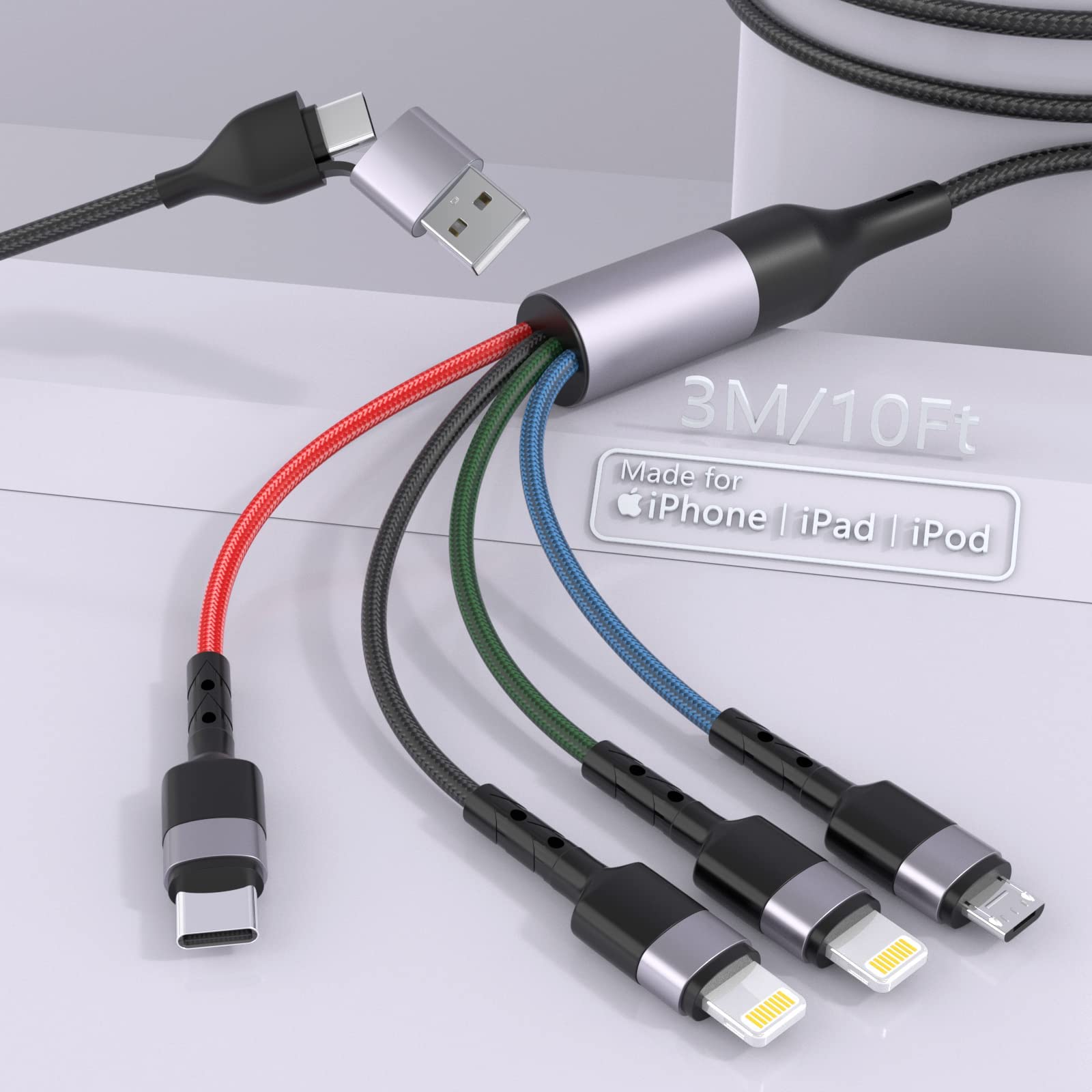 2-in-4 Multi Charging Cable 10FT Fast Charger - 3M USB C/Micro USB/iPhone Charging Cord with Dual Ports for Cell Phones, Tablets, Samsung - Perfect for Home, Office, Car & Travel Charging