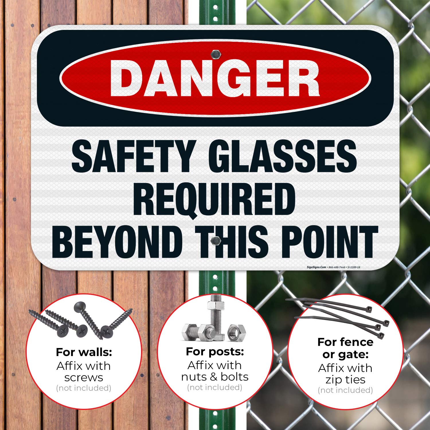 Danger Safety Glasses Required Beyond This Point Sign - OSHA Compliant 12x18 Inch Aluminum Safety Sign with 3M EGP Reflective Coating, Fade Resistant for Indoor & Outdoor Use - Made in USA | Perfect for Construction Sites, Factories, and Hazardous Work Areas