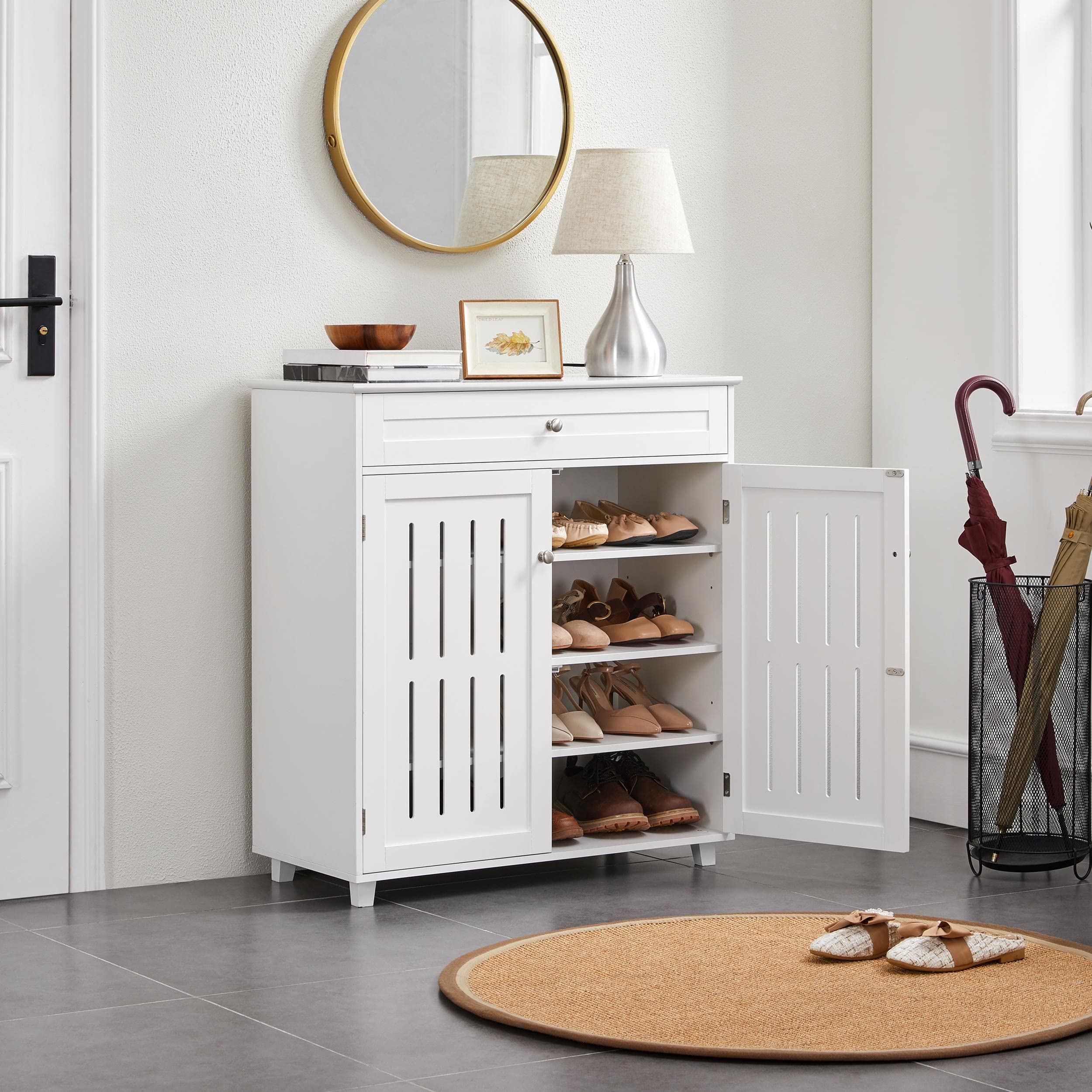 Topeakmart White Wooden Shoe Storage Cabinet with 1 Large Drawer & 4 Shelves, 2 Louvered Doors - Entryway Organizer for Shoes, Boots & Accessories - Perfect for Living Room, Hallway & Closet Organization