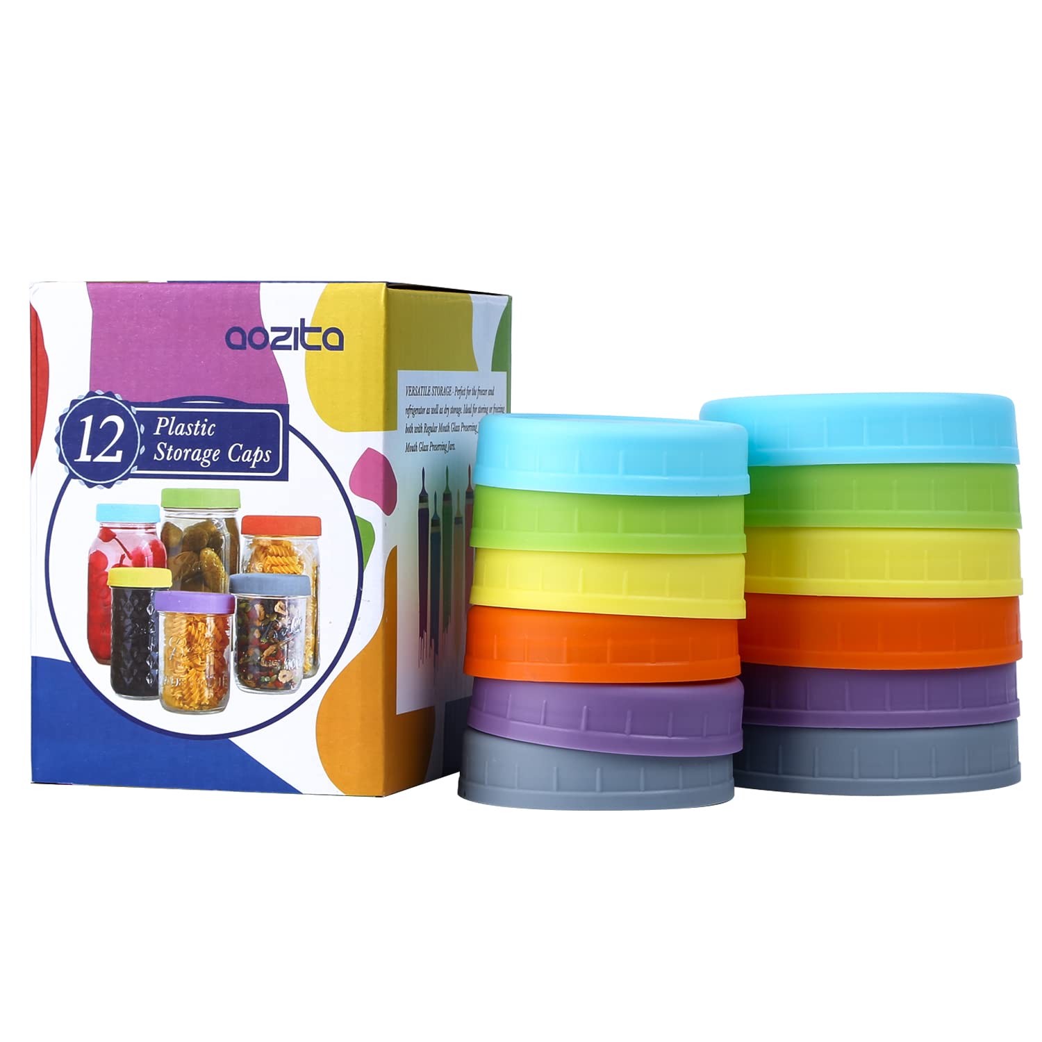 Colorful Aozita 12-Pack Plastic Mason Jar Lids - 6 Regular & 6 Wide Mouth Storage Caps for Ball, Kerr Canning Jars | Perfect for Food Storage, DIY Crafts & Home Organization