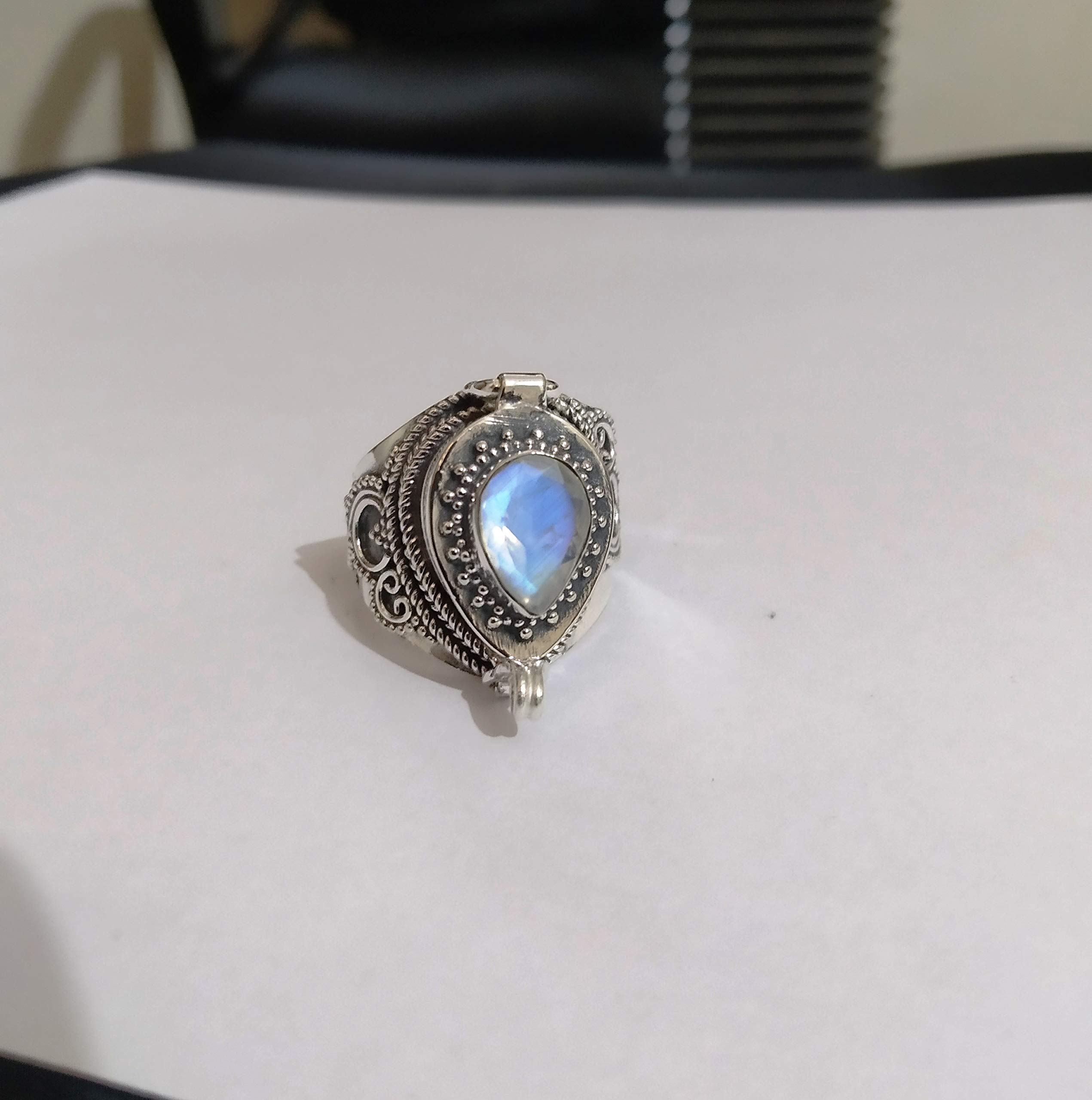 Rainbow Moonstone Poison Ring - 925 Sterling Silver Handmade Secret Box Ring with Labradorite | Adjustable Size 7.5 | Unique Mother's Day Gift, Witchy Jewelry & Gothic Fashion Accessory | Perfect for Cosplay, LARP, and Alternative Style Outfits