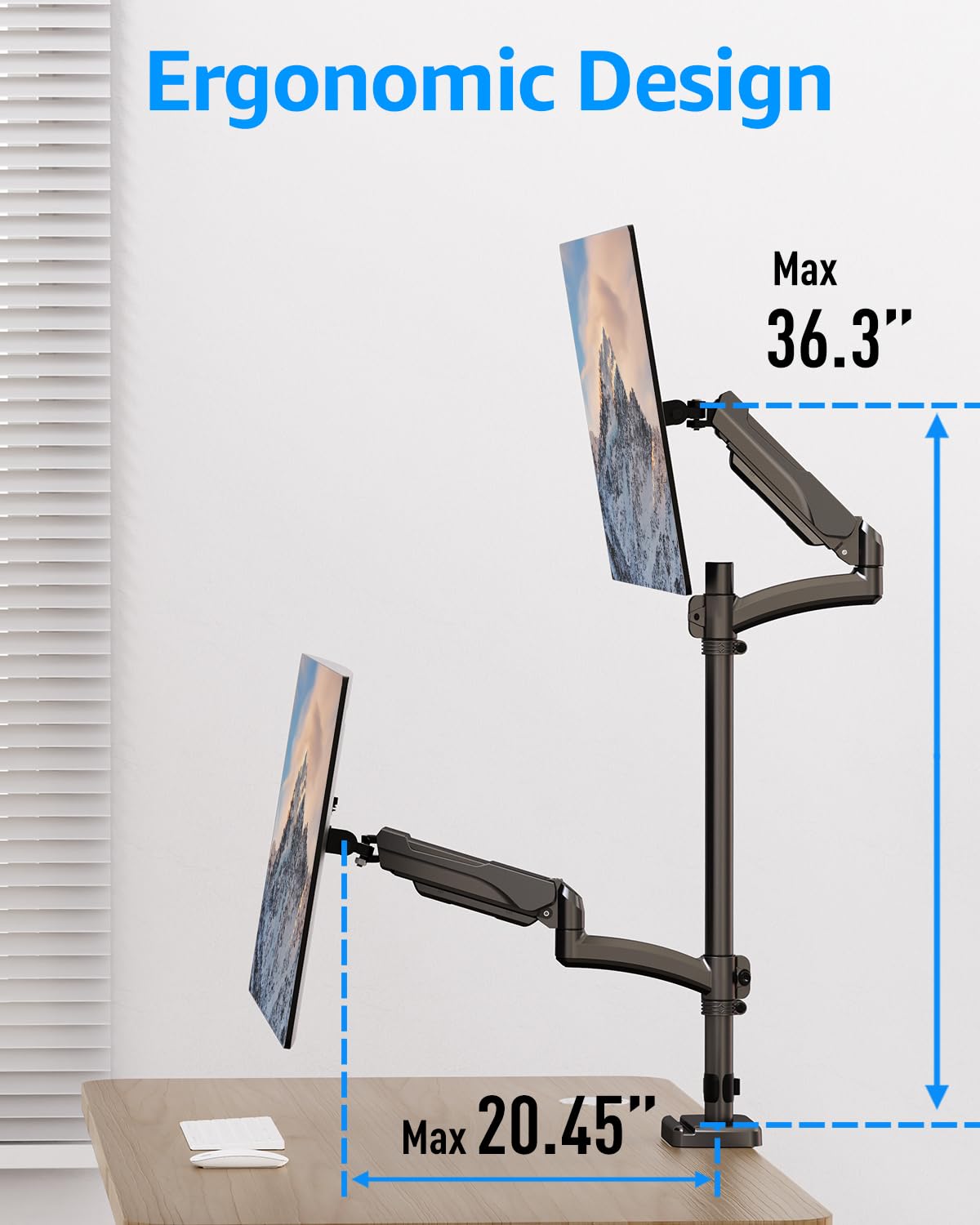MOUNTUP Vertical Dual Monitor Stand - Heavy Duty Gas Spring Arm for 32 Inch Screens (4.4-17.6lbs), VESA 75x75/100x100 Mount with Clamp/Grommet Base - MU6012A - Perfect for Home Office, Gaming Setup & Workspace Ergonomics