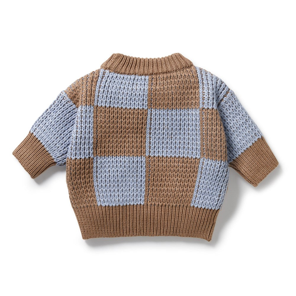 Organic Blue Speckle Knitted Check Jumper for Women - Soft Cotton Pullover Sweater for Casual Wear & Winter Fashion
