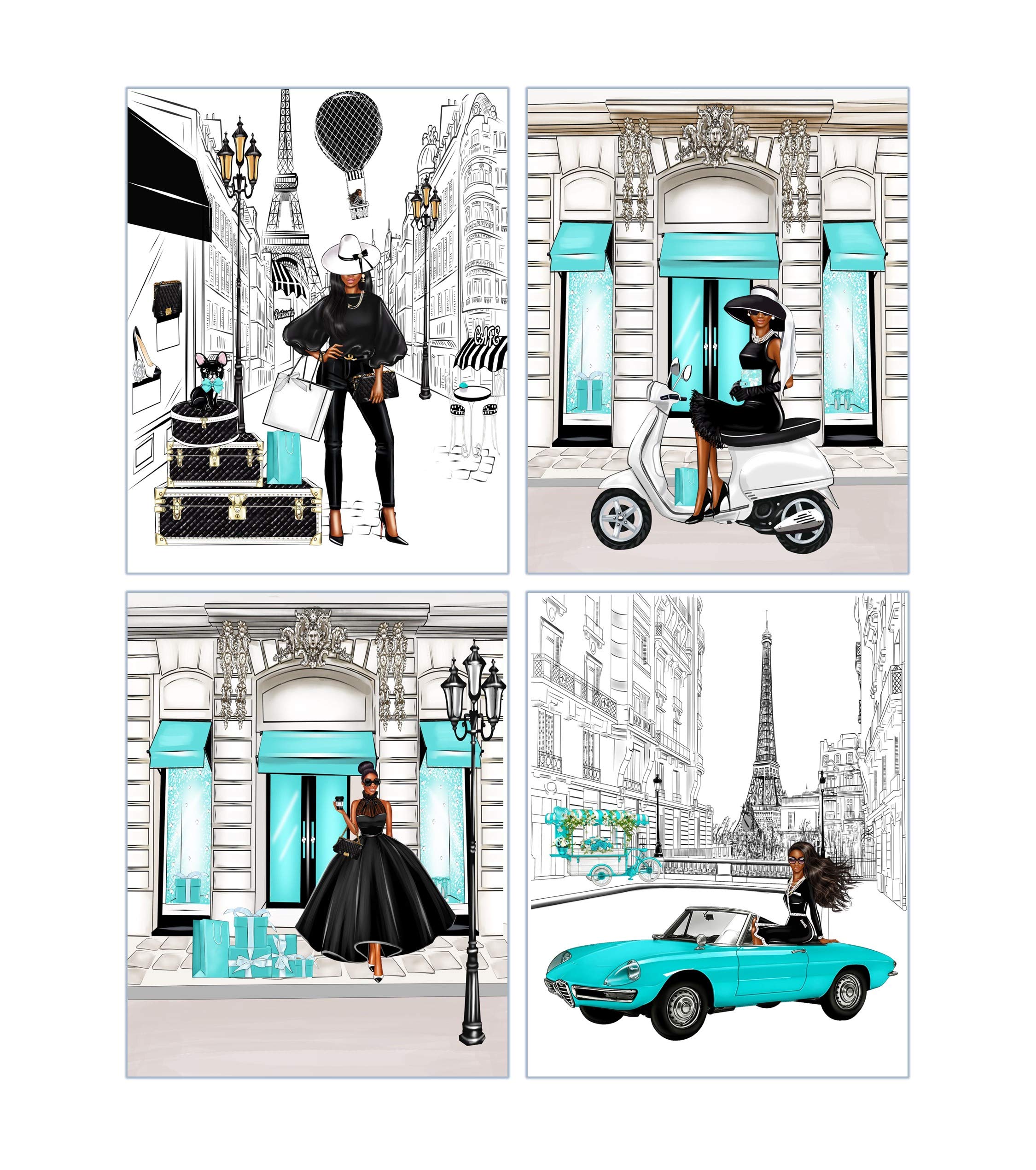 African American Fashion Wall Art - Set of 4 Unframed Prints in Black & Teal for Tween Teen Girl Room Decor | Paris Inspired Bedroom Aesthetic | Perfect for Dorm, Nursery & Gift Giving