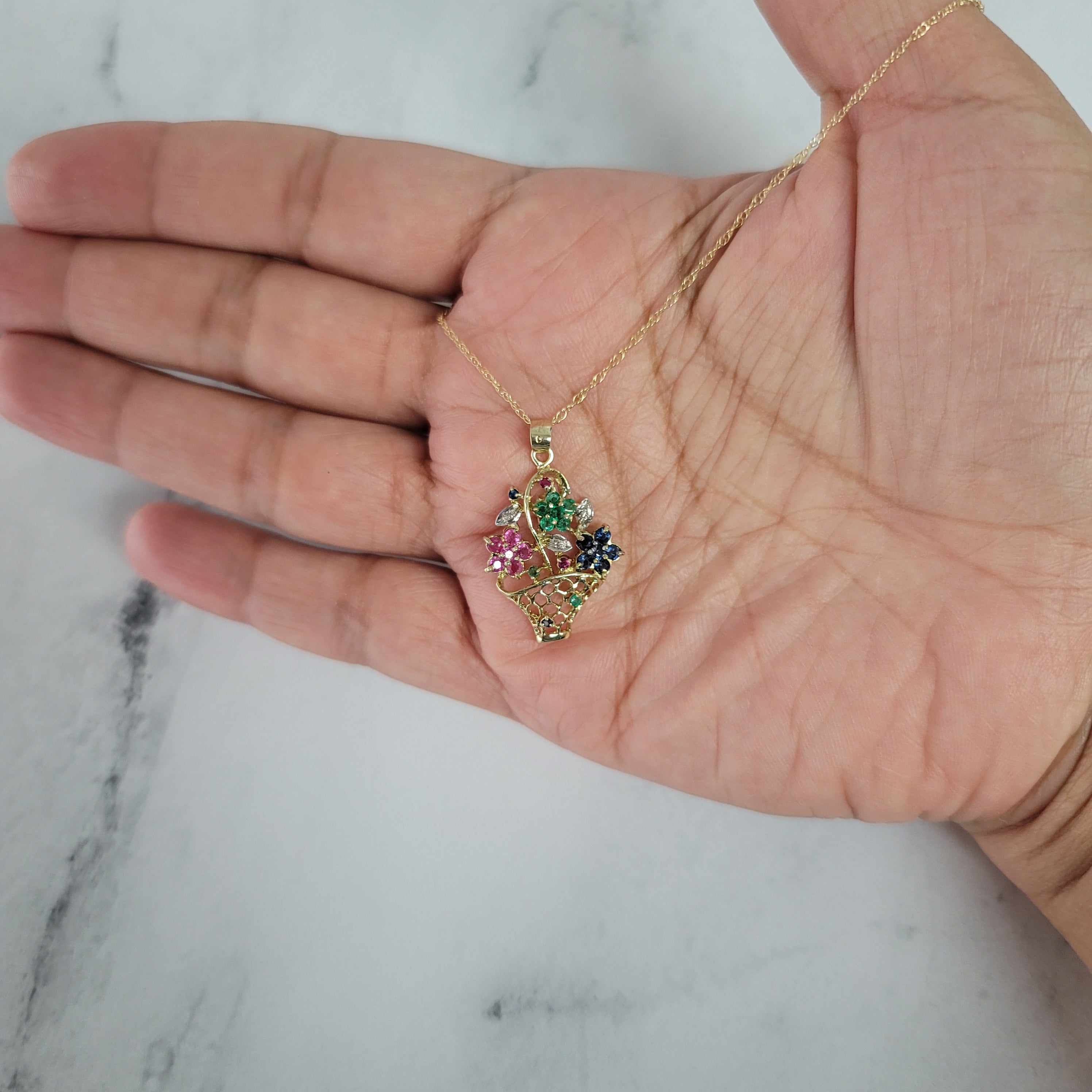 1.00cttw Emerald Sapphire Ruby Flower Basket Pendant in 14K Yellow Gold - Perfect for Anniversary Gifts & Special Occasions