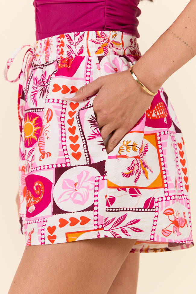 Women's Pink Floral Printed Coverup Shorts - Lightweight Beachwear for Summer Vacation & Poolside Lounging
