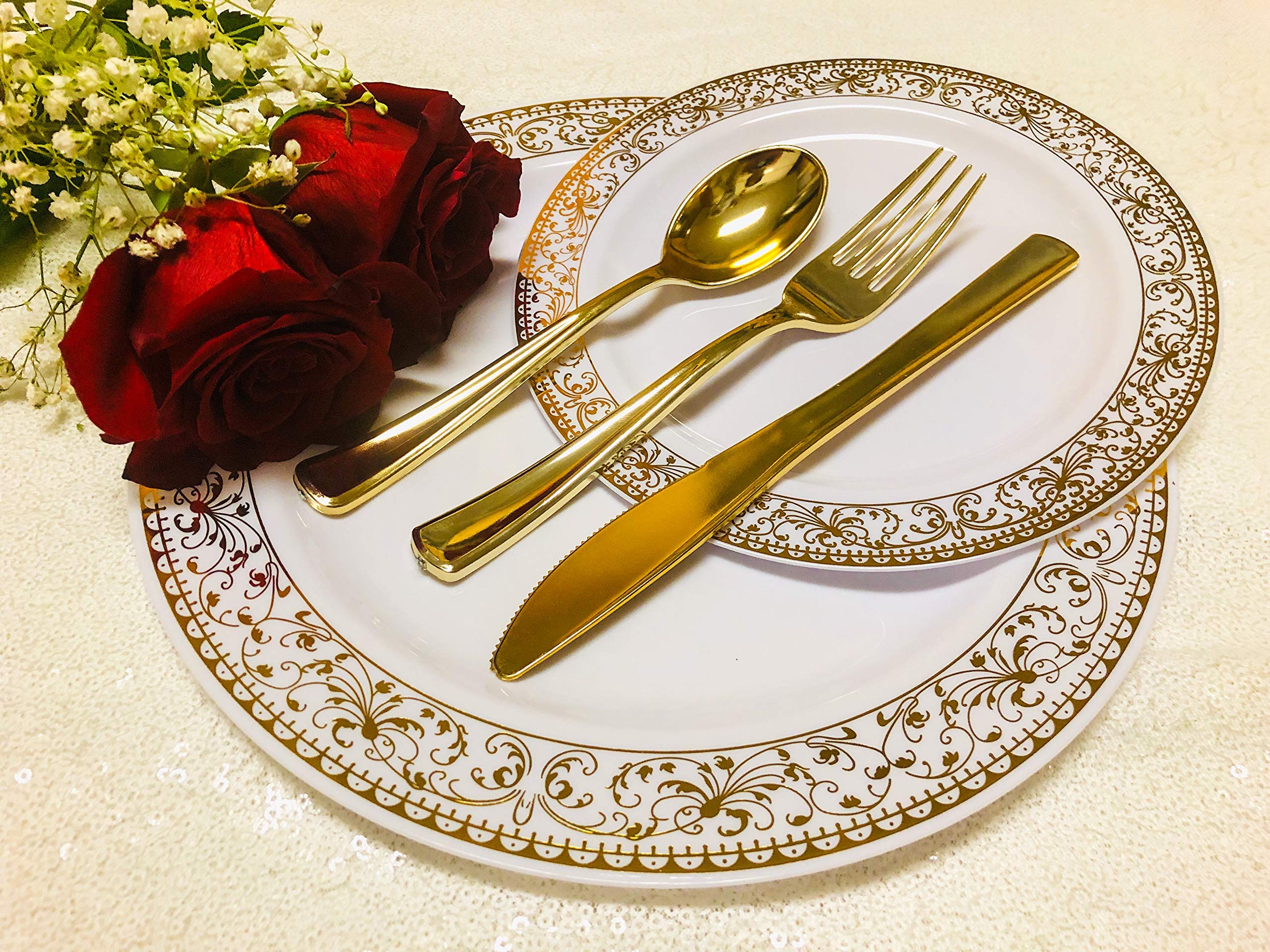 175-Piece Gold Plastic Disposable Dinnerware Set - 25 Dinner Plates, 25 Dessert Plates, 25 Forks, 25 Knives, 25 Spoons, 25 Cups & 25 Napkins with Gold Rim - Perfect for Parties, Weddings, and Special Events