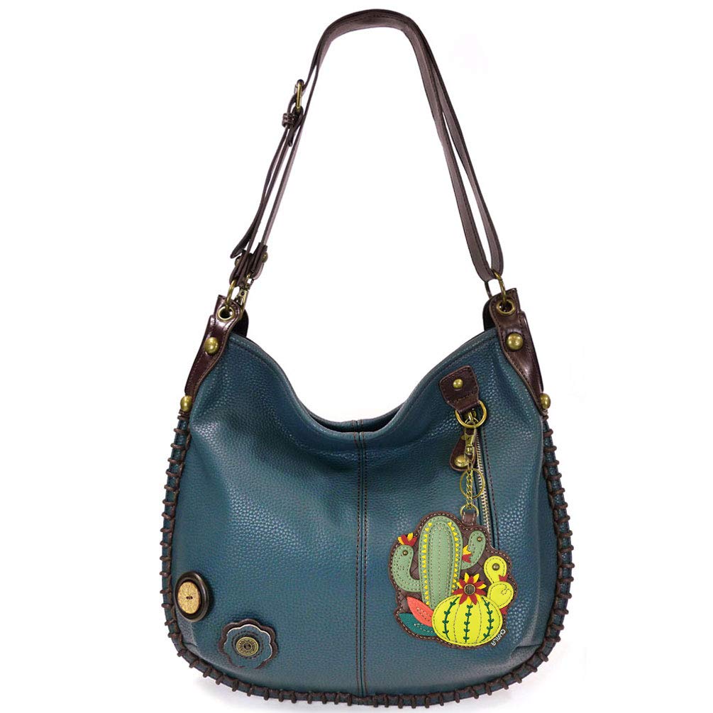 Chala Women's Large Soft Shoulder Bag Crossbody Purse with Key Fob - Navy Blue Cactus Print Casual Handbag for Work, Travel & Everyday Use
