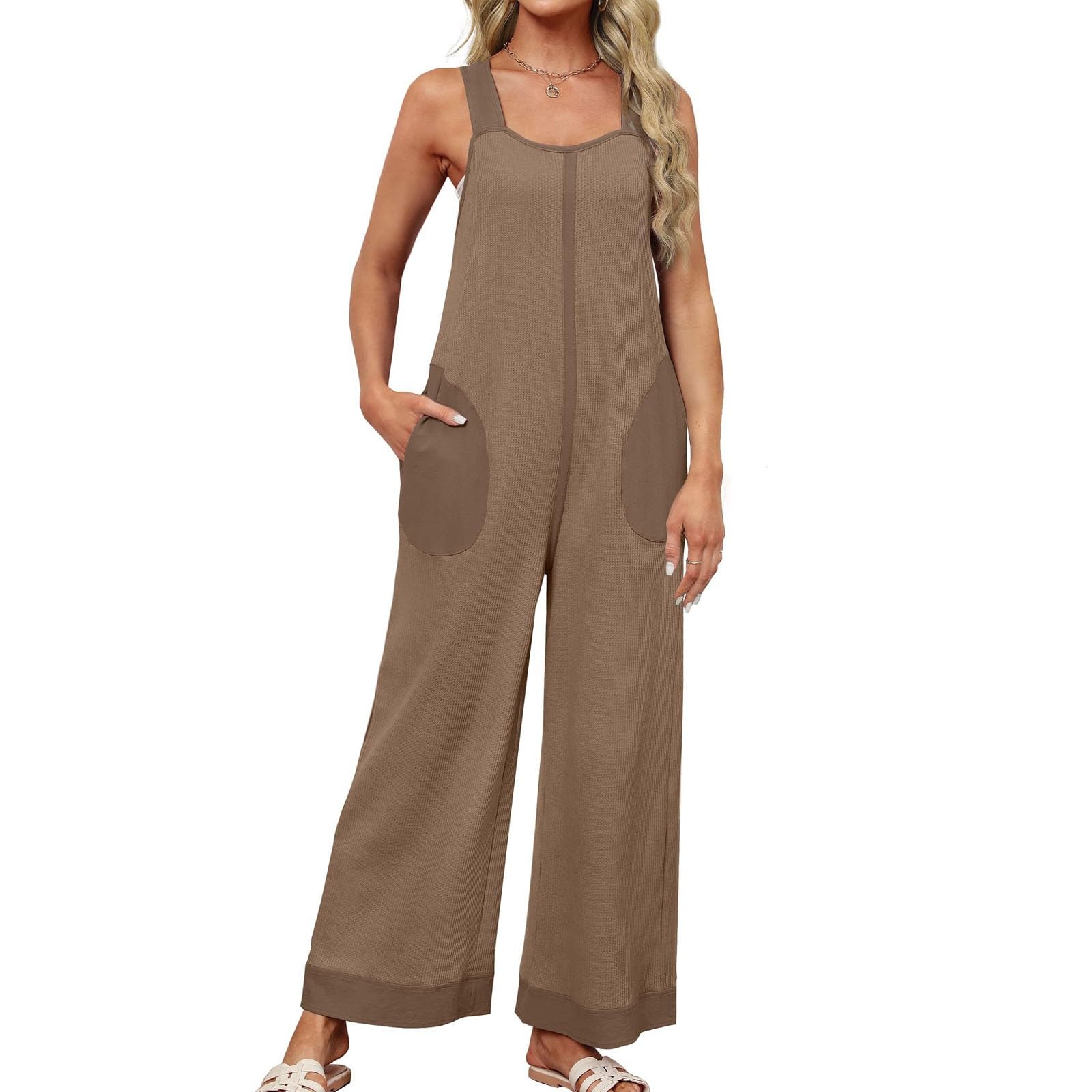 RKSTN Women's Fashion Waffle Knit Jumpsuit - 2024 Summer Casual Romper Overalls with Wide Leg Long Pants & Pockets | Perfect for Beach Outings, Streetwear & Vacation Travel