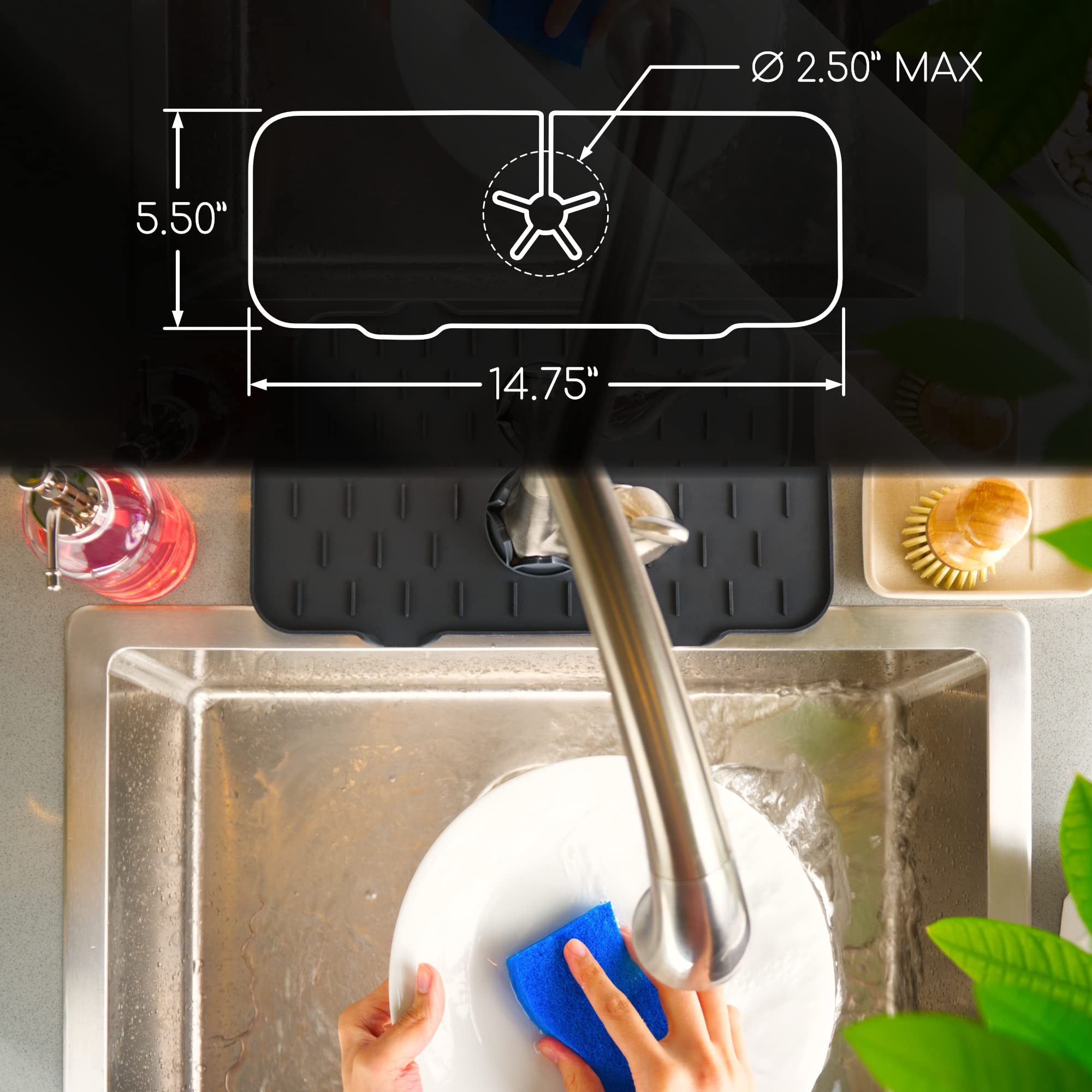 Premium Silicone Faucet Drip Tray & Sponge Holder - Non-Slip Kitchen Sink Accessory for Dish Soap Storage | Multi-Functional Drying Mat for Countertops, Bathroom & Kitchen Sink (Black) - Perfect for Organizing Sponges, Brushes & Preventing Water Drips