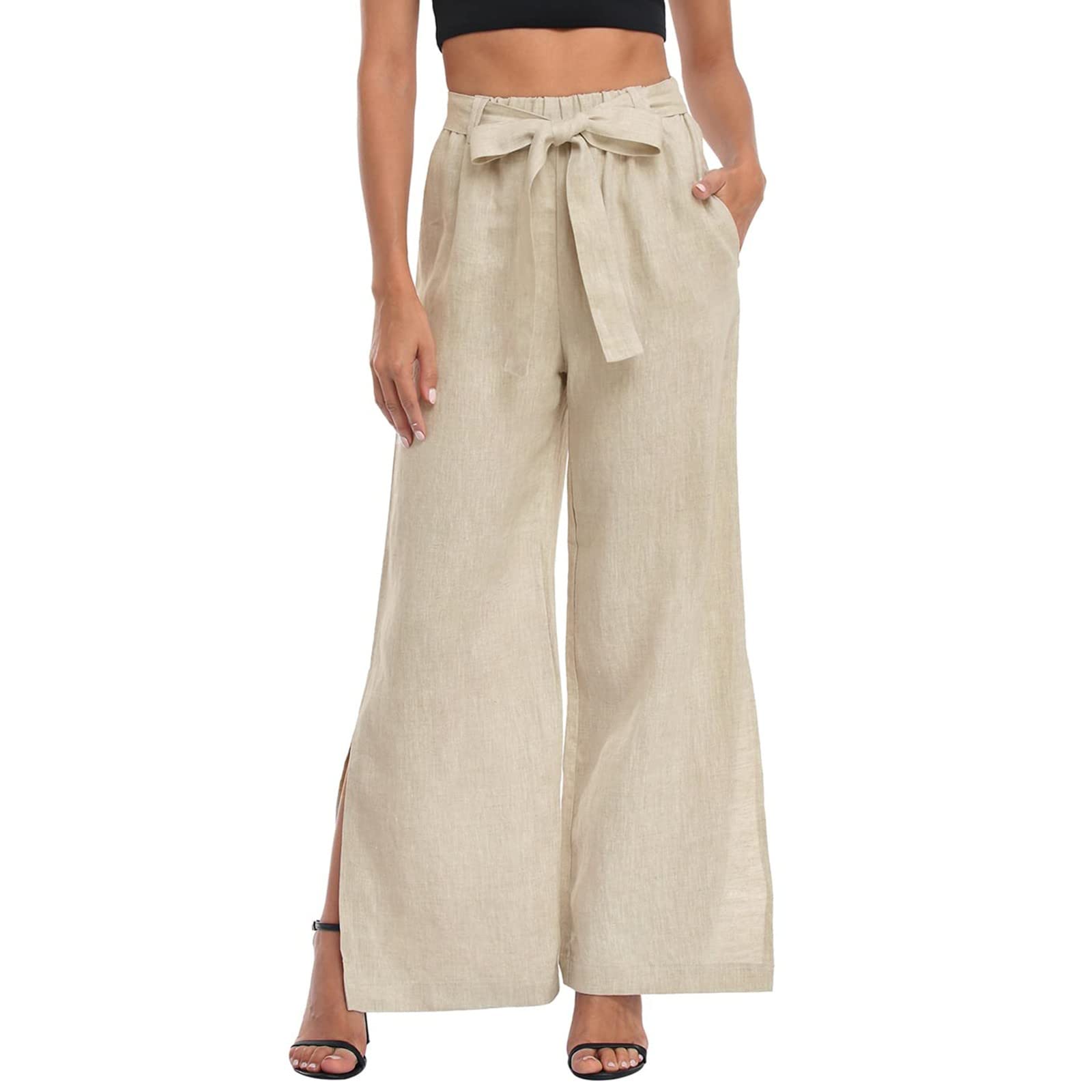 Women's Cotton Linen Pants - High Waisted Smocked Joggers for Workout & Casual Wear | Breathable Wide Leg Summer Pants for Yoga, Travel & Lounge