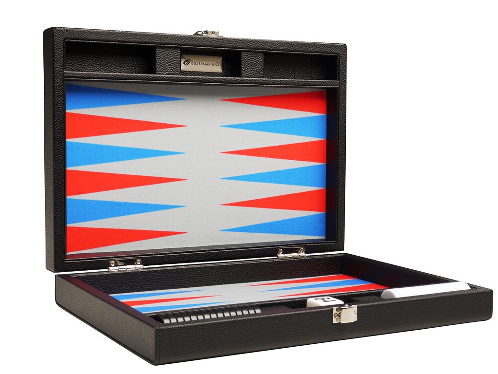 Premium 13-inch Backgammon Travel Set - Compact Black Game Board with Scarlet Red & Patriot Blue Points - Perfect for Camping, Beach Trips & Family Game Nights